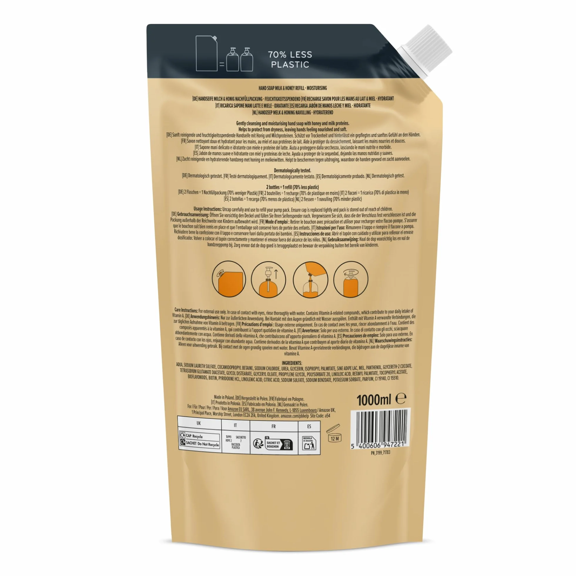 Amazon Savon pour les mains Lait et miel recharge 2 x 1 000 ml