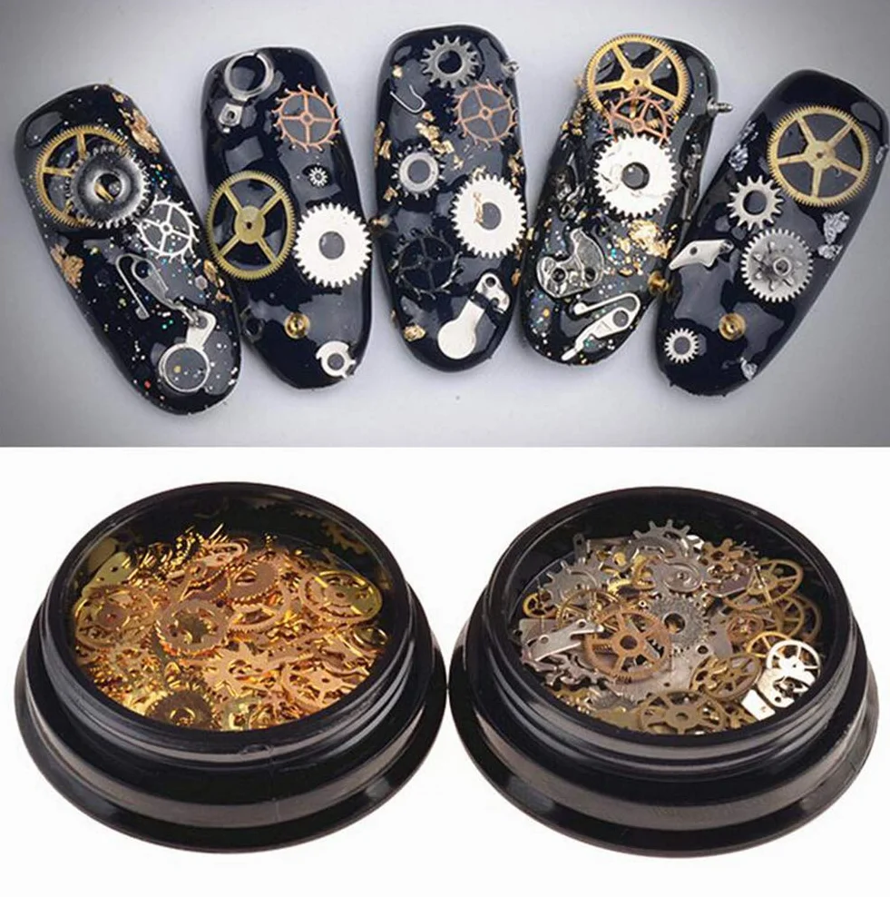 Vasana Lot de 2 Boîtes de 200-300 Pièces Motif Mixte Ultra Fin 3D Métal Steampunk Gears Charms DIY Pendentifs Horloge Roue Engrenage Nail Art Décorations