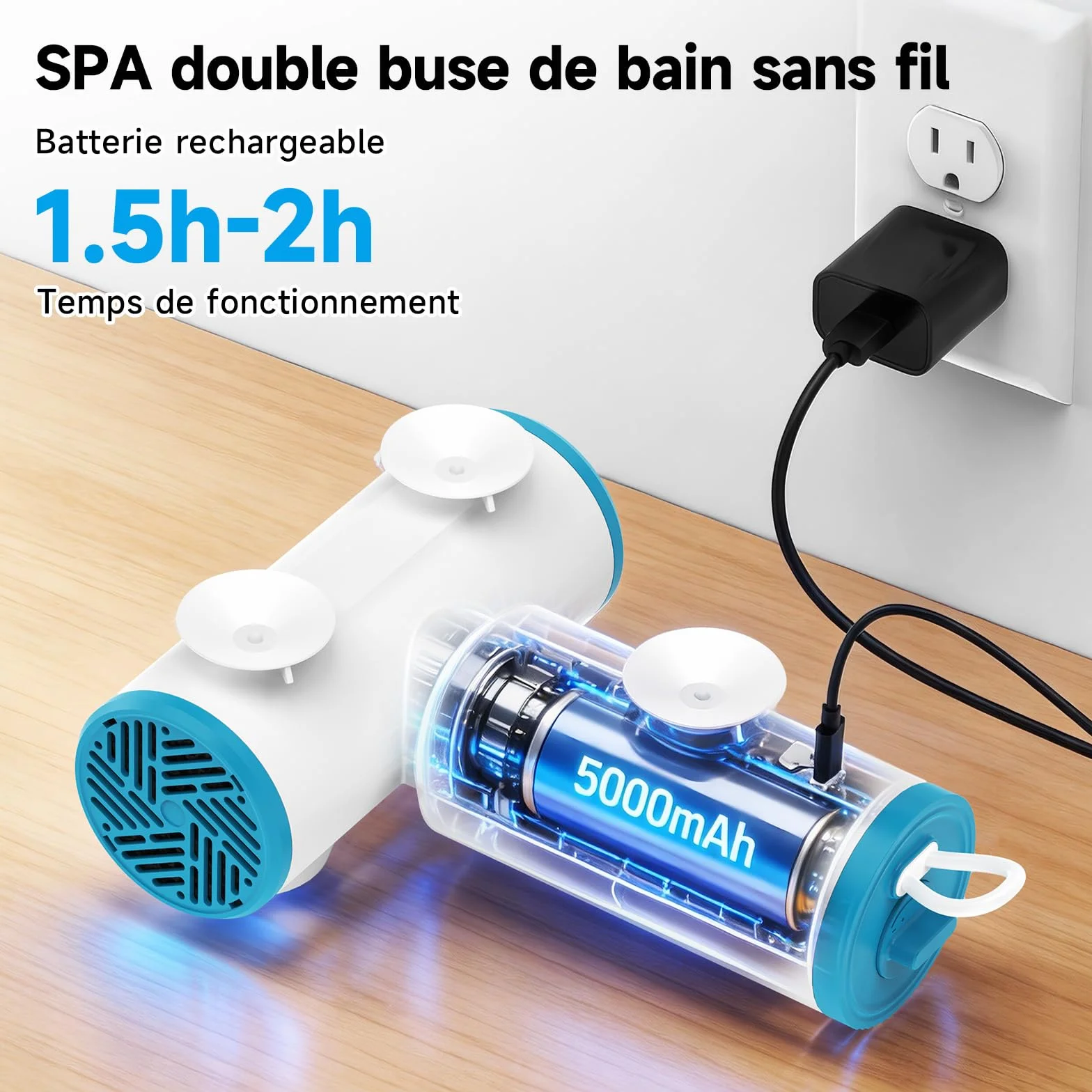 Jets pour baignoires balnéo portable double jets, débit d'eau 3 niveaux, batterie sans fil 5000 mAh
