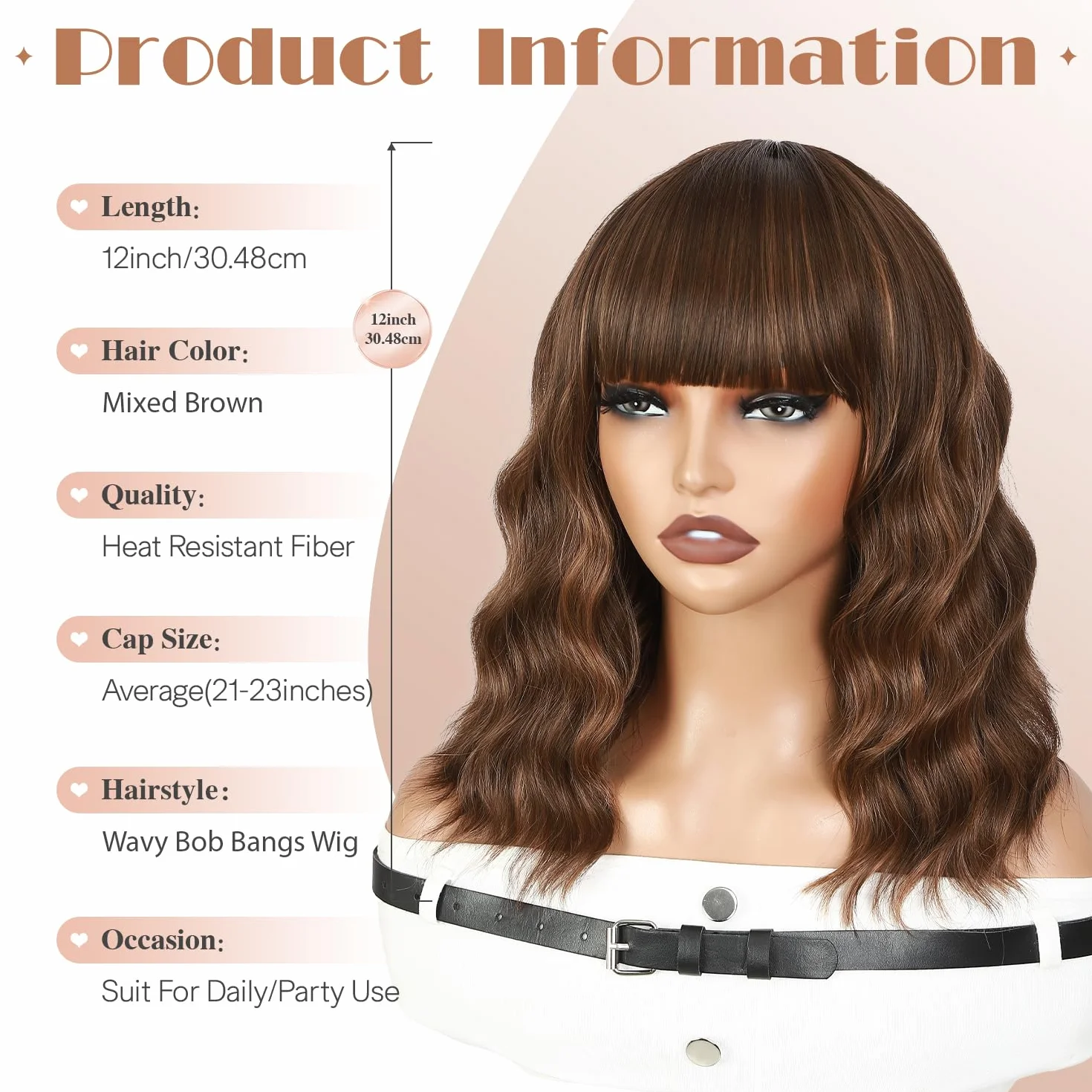 WIGNEE Perruque Carré Ondulée Courte avec Frange – Blond Ombré/Mèches, 30cm Fibre Synthétique Résistante à la Chaleur, Perruque Sans Colle Bouclée Naturelle pour Femme, Usage Quotidien & Fête