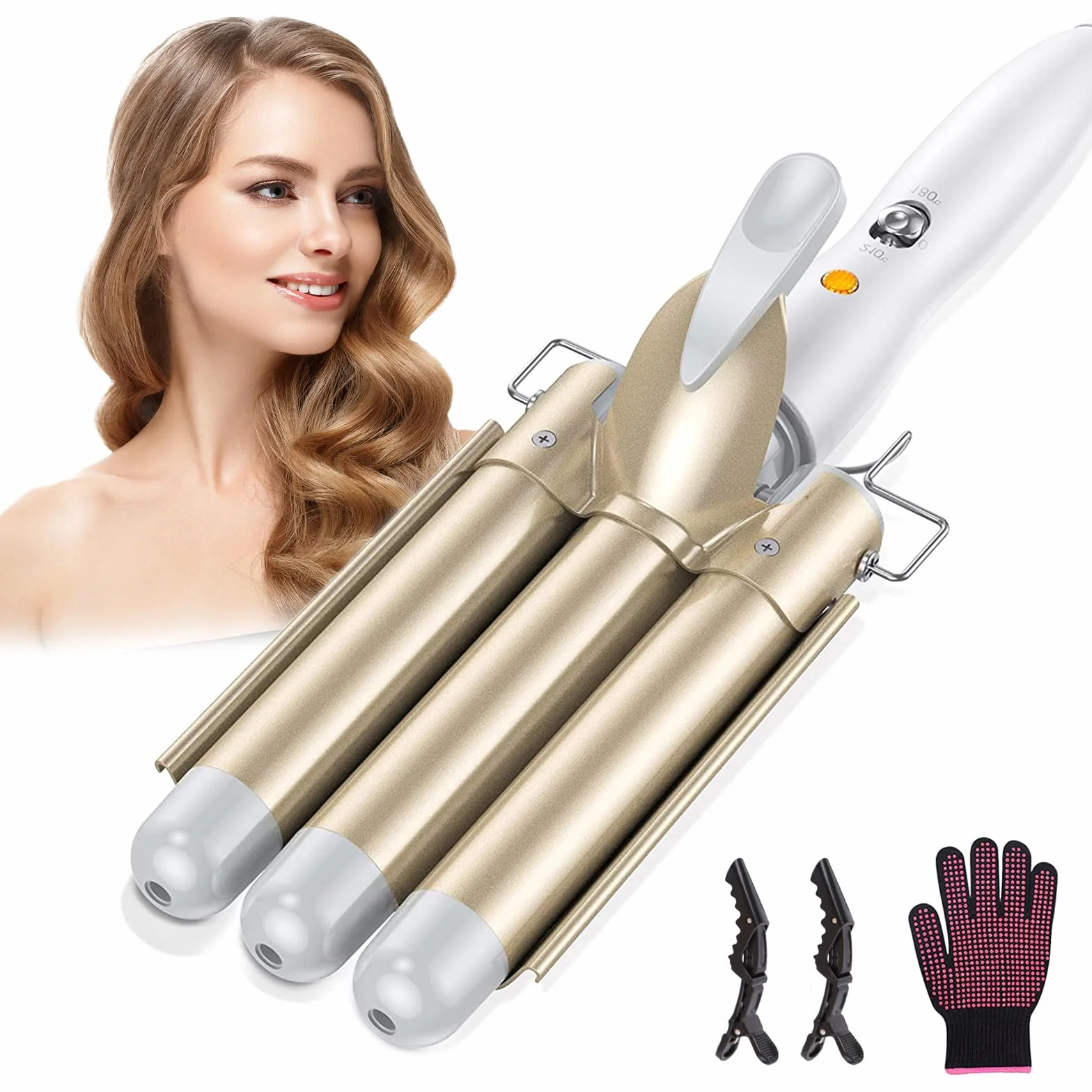 Fer à Boucler,22mm Fer à onduler 3Tete,En Céramique Cheveux Bouclés Barils Cheveux Wavy,2 Réglages Température,Fer à Friser pour Cheveux Long Courts Avec 2clips et un gant(Blanc)