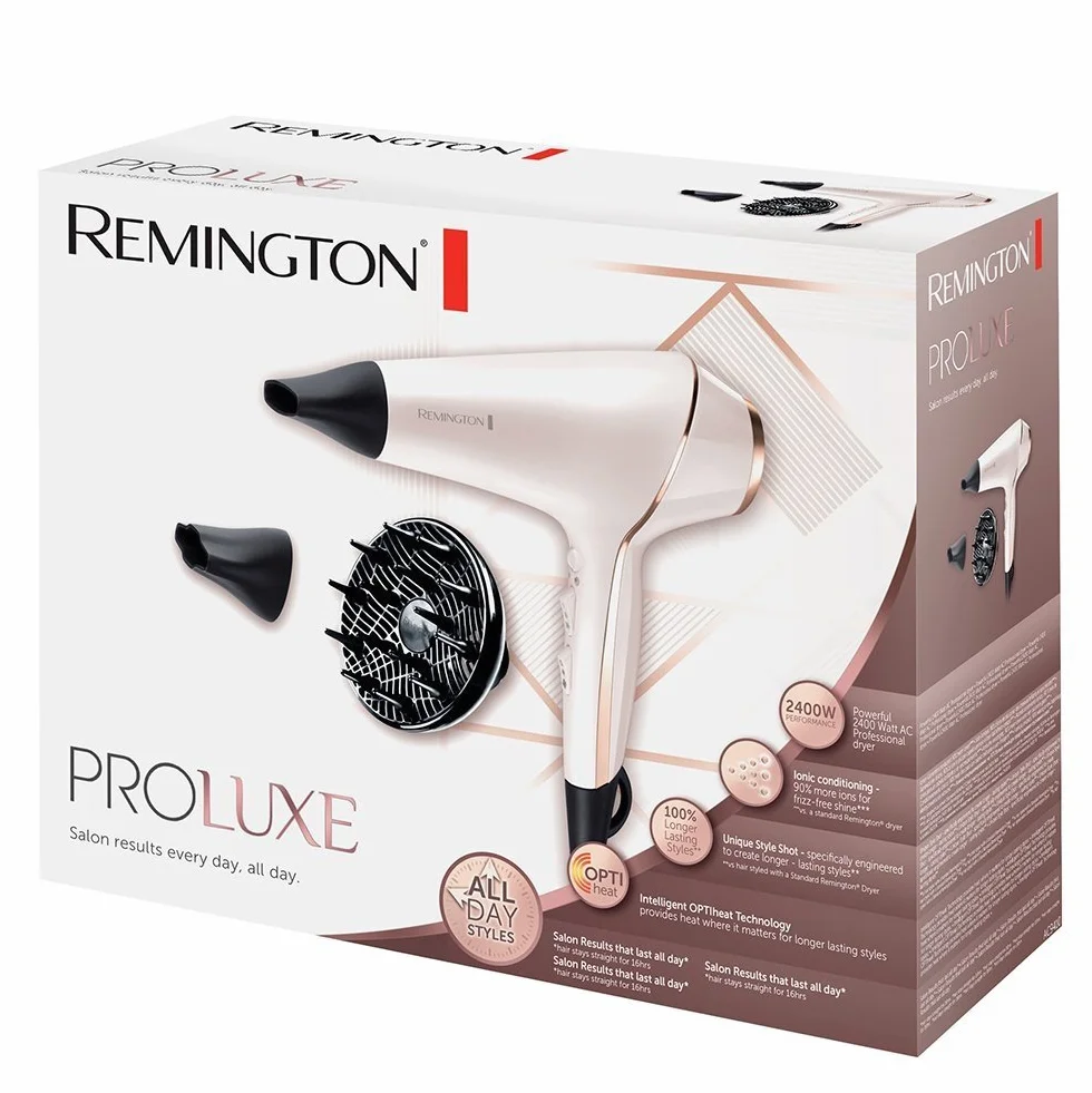 Remington Sèche-cheveux Ionique [Technologie OptiHeat] PROluxe (2400W, moteur AC longue durée, tenue 24 H & résultat salon, 3 températures/ 2 vitesses, 3 concentrateurs + 1 diffuseur volume) AC9140