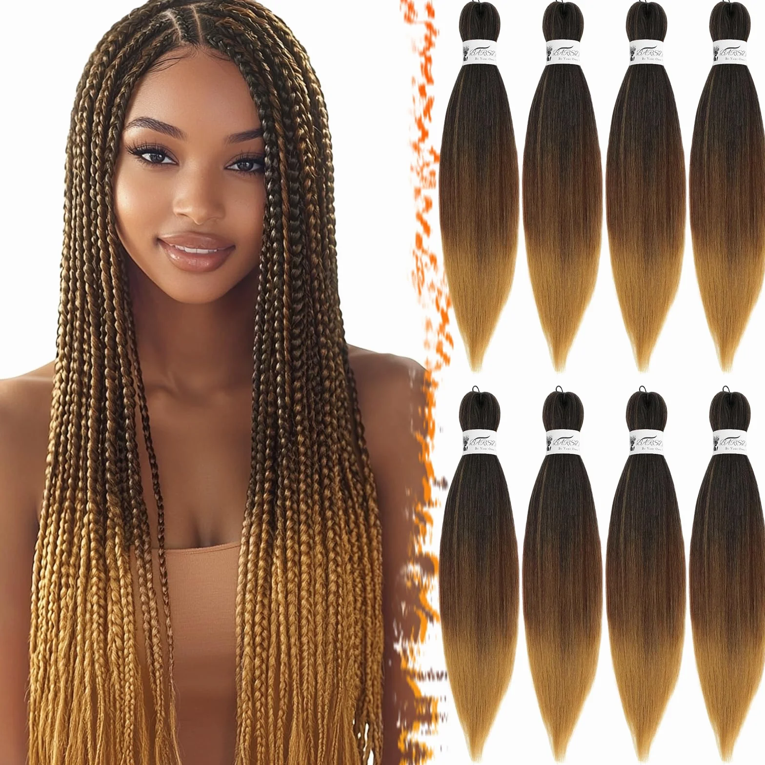 BARSDAR Cheveux Tressés Pré-étirés, 66cm 8 Packs Longue Ombre Braiding Hair pour Tresses Africaine Réglage D'eau Chaude Synthétique Yaki Texture Crochet Extensions de Cheveux - T1B/30/27#
