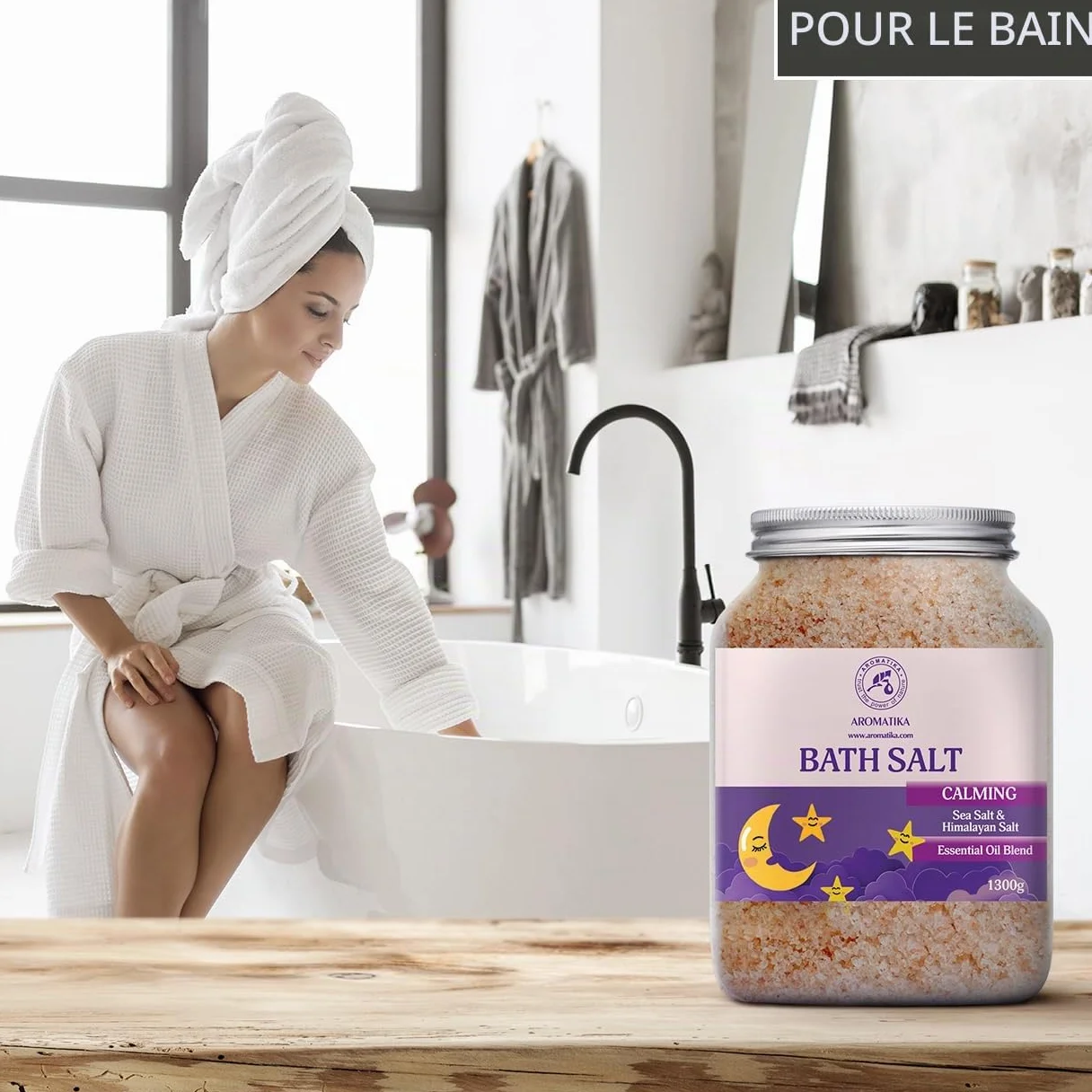 Sel de Bain Calmants 1300g - Huiles Essentielles de Bois de Lavande & Bergamote & Santal - Pur & Naturel - Bon Sommeil - Détente - Soulagement du Stress - Bain - Beauté - Relaxant