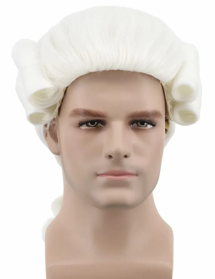 Yuehong Perruque Homme Longue Bouclée Blanche de Juge et Avocat Siècle 18 Gentleman Colonial Costume Cheveux avec Fibres Synthétiques Résistantes à la Haute Température (Blanche)