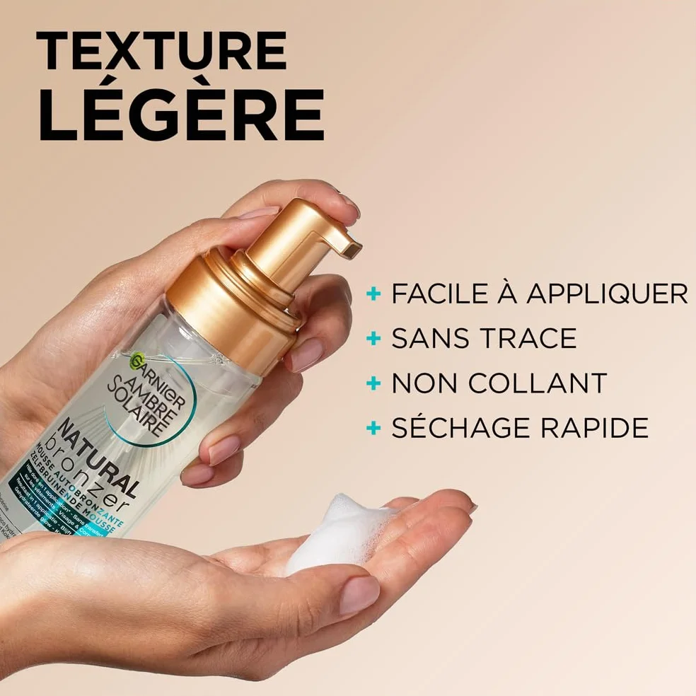 GARNIER Ambre Solaire Natural Bronzer Mousse Autobronzant Hydratant Hâle Progressif Sur-Mesure Eau de Coco Glycérine Vegan Cruelty Free Visage Corps 200 ml
