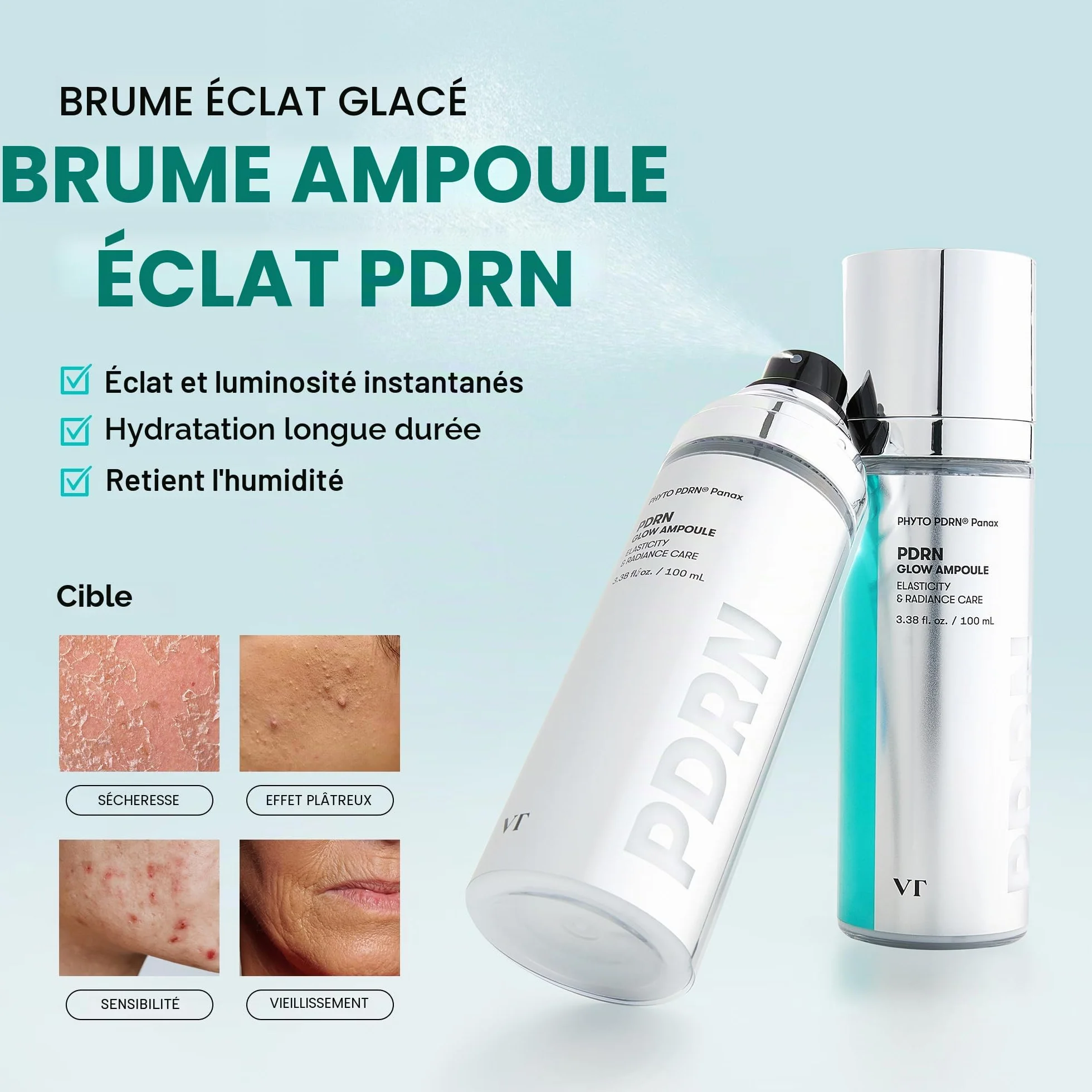 VT COSMETICS PDRN Glow Ampoule en spray hydratant profondément pour le visage - Sérum léger végétalien - Effet repulpant - Sans parfum - Soin coréen de la peau - 100 ml