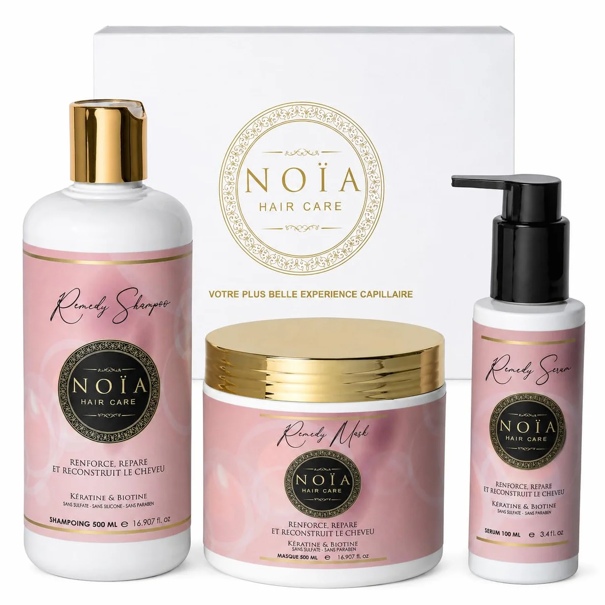 NOÏA HAIR – Coffret Prestige REMEDY – Shampoing 500 ml + Masque 500 ml + Sérum 100 ml – Kératine & Biotine – Réparation & Anti-Casse – Cheveux Abîmés & Fragilisés