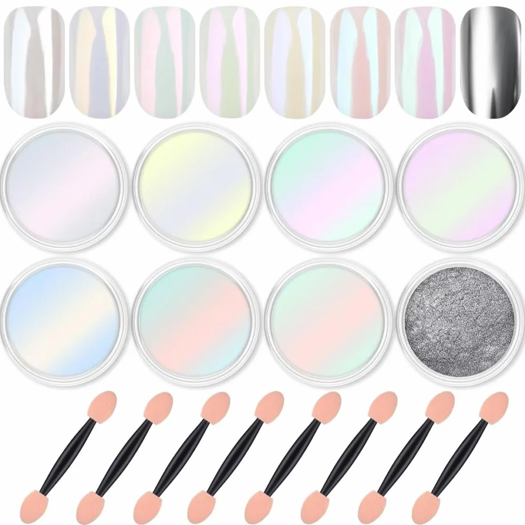 Poudre Chrome Ongle 8 Couleurs, Poudre Nacrée Effet Perle Holographic Nail Art Miroir Pigment DIY Design Chromé