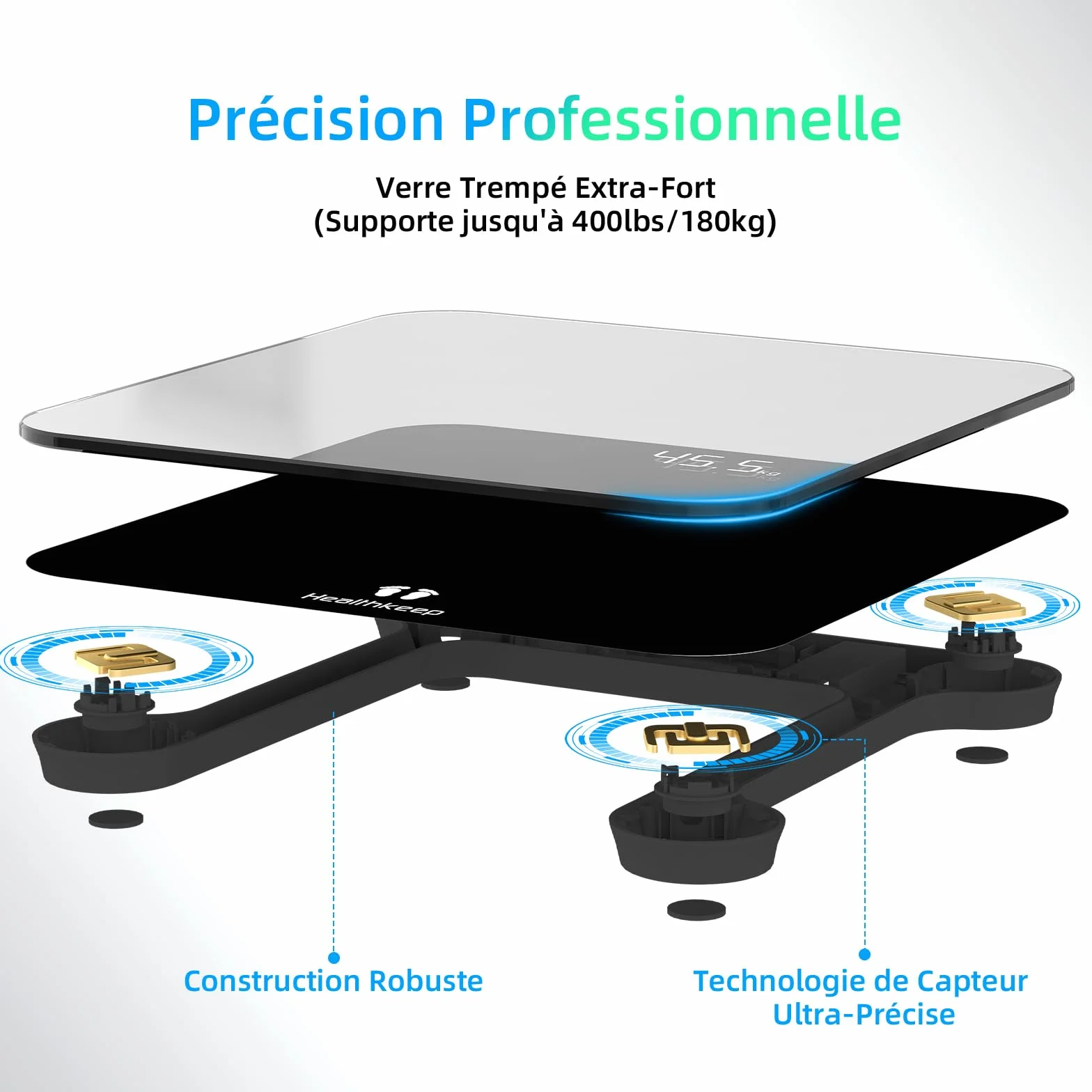 Healthkeep Balance Personne Numérique Haute Précision 180kg 400lb Verre Trempé 5mm