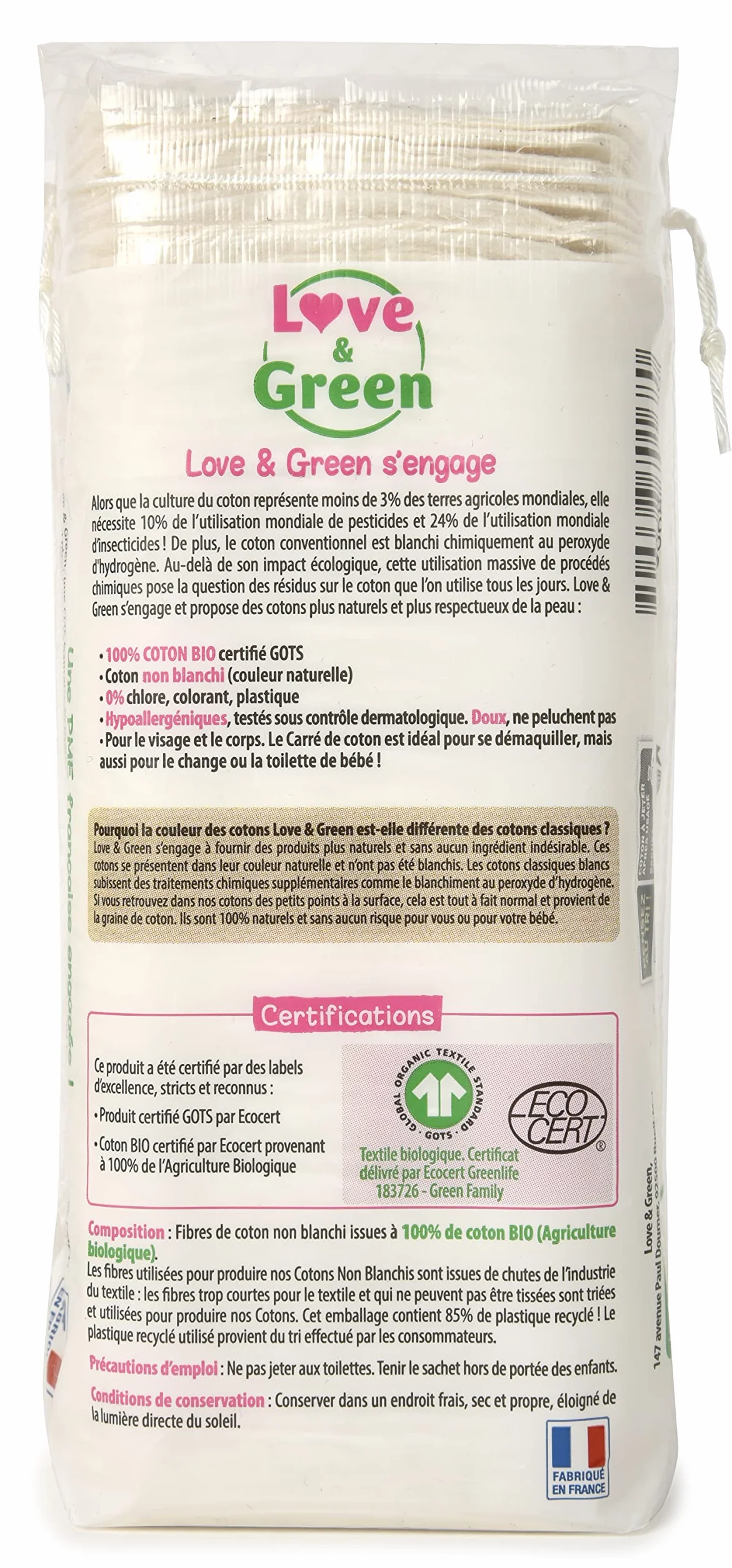 Love & Green Cotons Carrés x60 Démaquillage Doux Biface Fabriqués en France