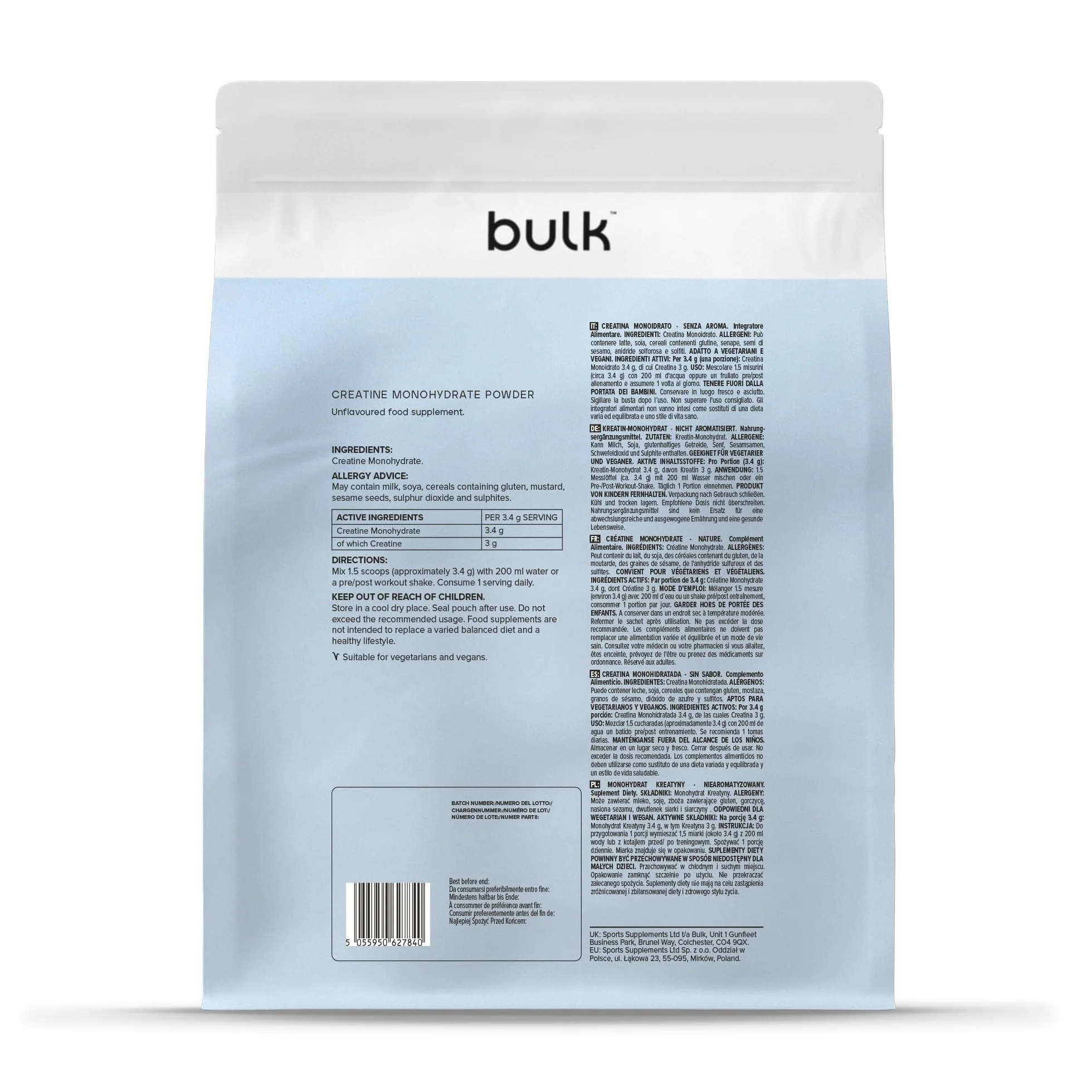 Créatine Monohydrate Poudre 500 g Micronisée Pure Non Aromatisé Vegan Halal