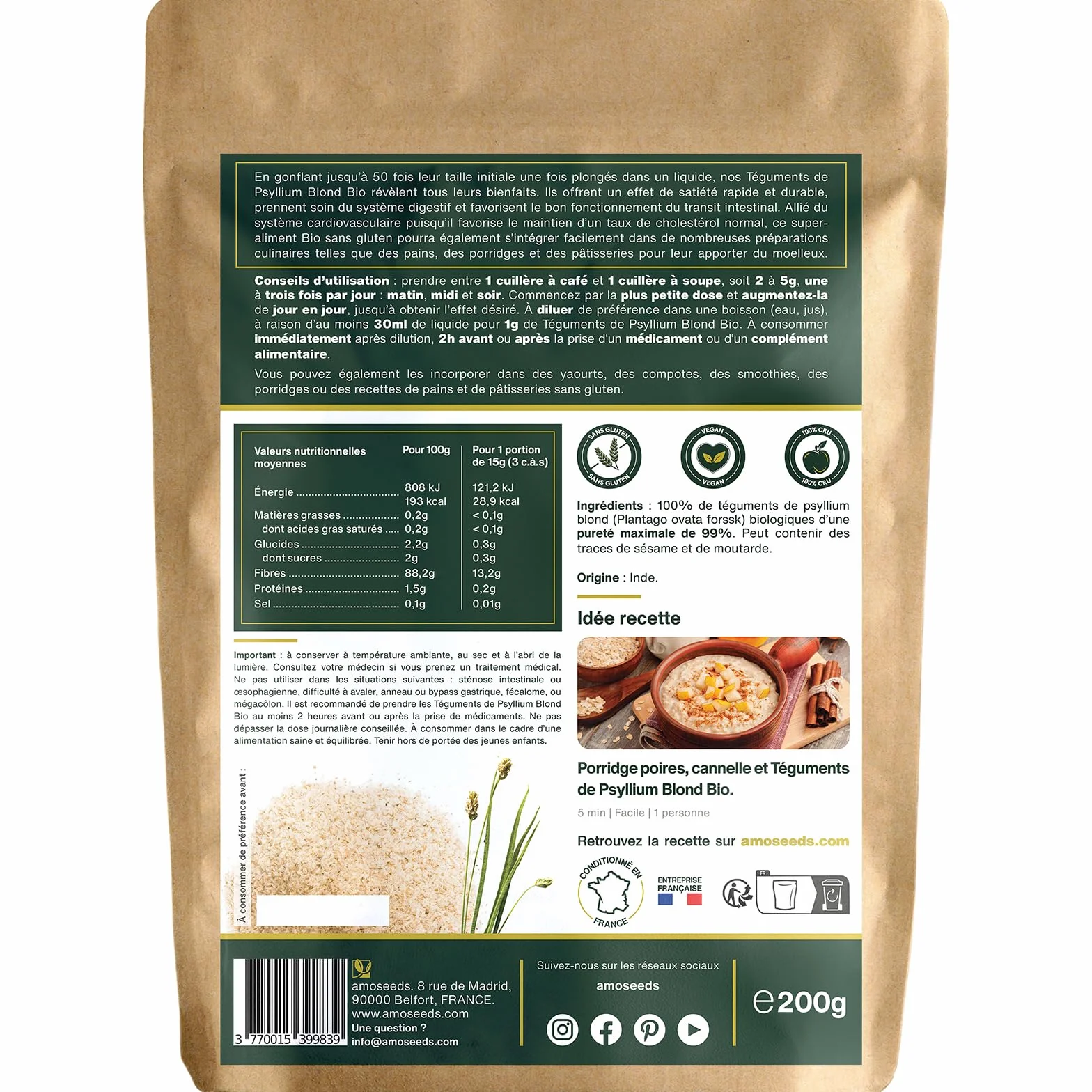 Psyllium Blond Bio 99% 88% Fibres Sans gluten 200G