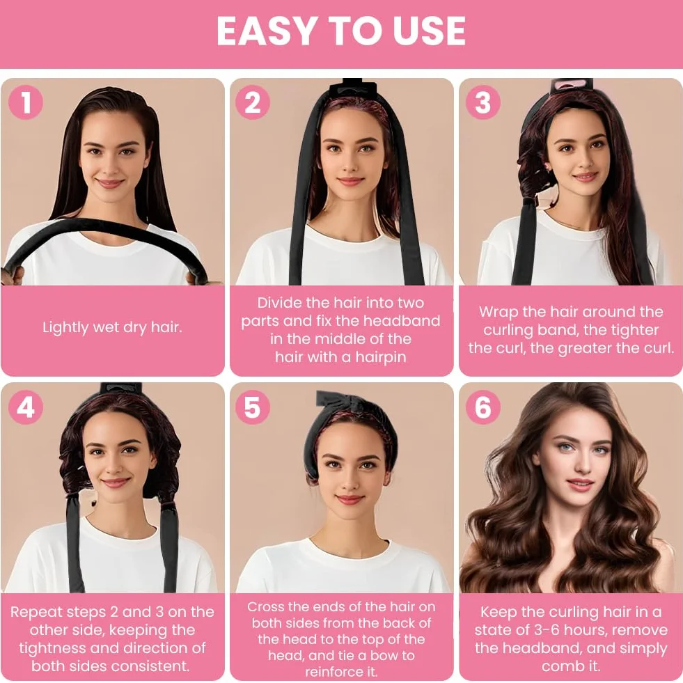 5PCS Bandeau Bigoudis Sans Chaleur Boucle Cheveux Doux Noir