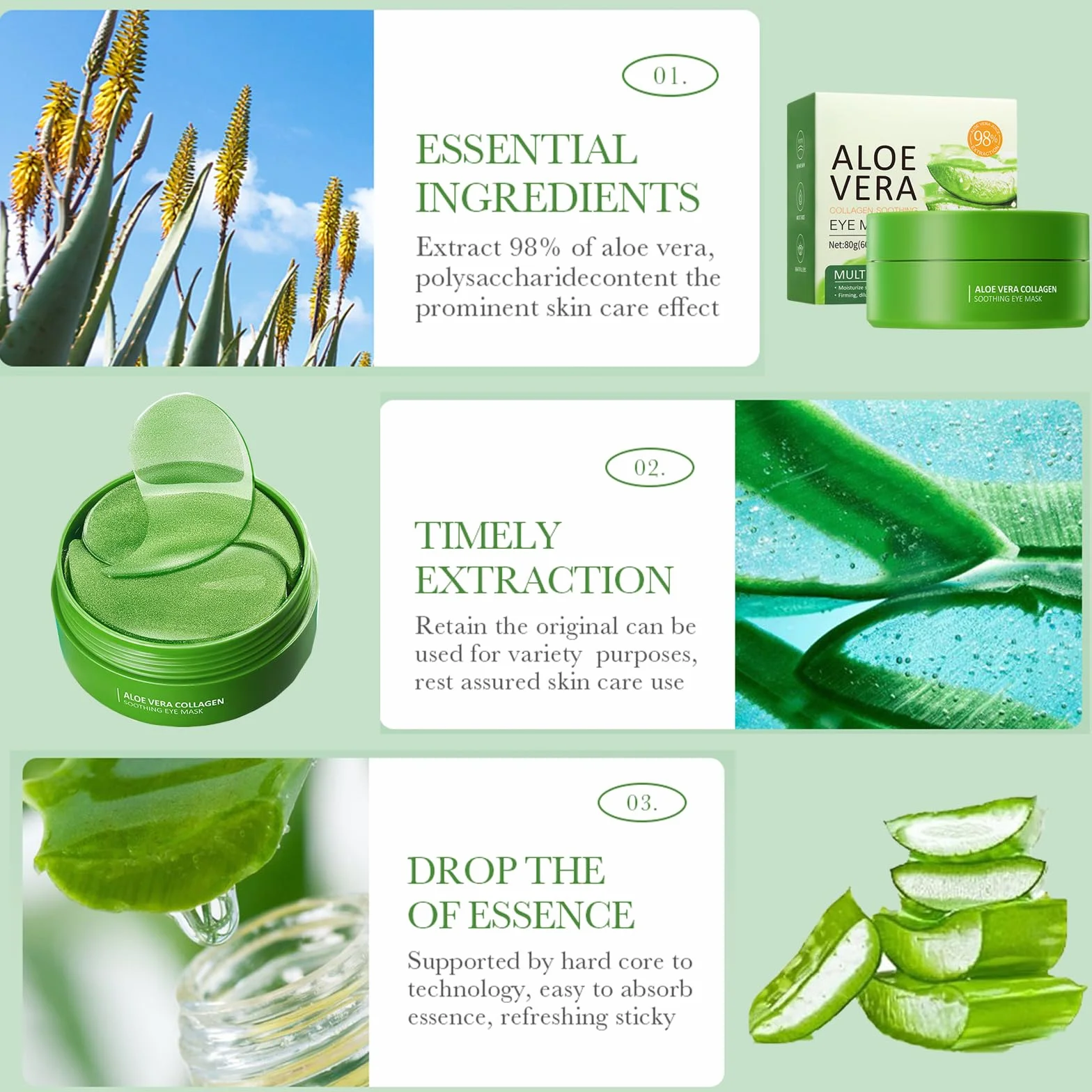 Aloe Vera Patch Yeux Anti Cernes Hydratant Anti-âge 60 Pièces