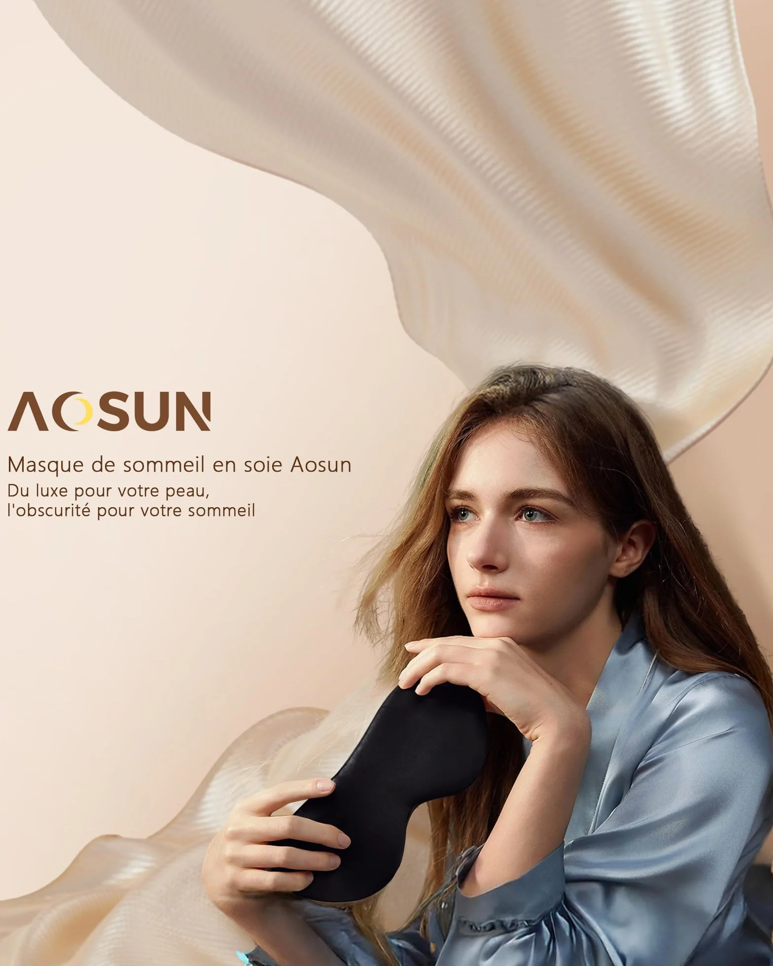 Aosun Masque de Sommeil Antiallergique en Soie Pure 100% Occultant avec Bandeau Réglable Noir