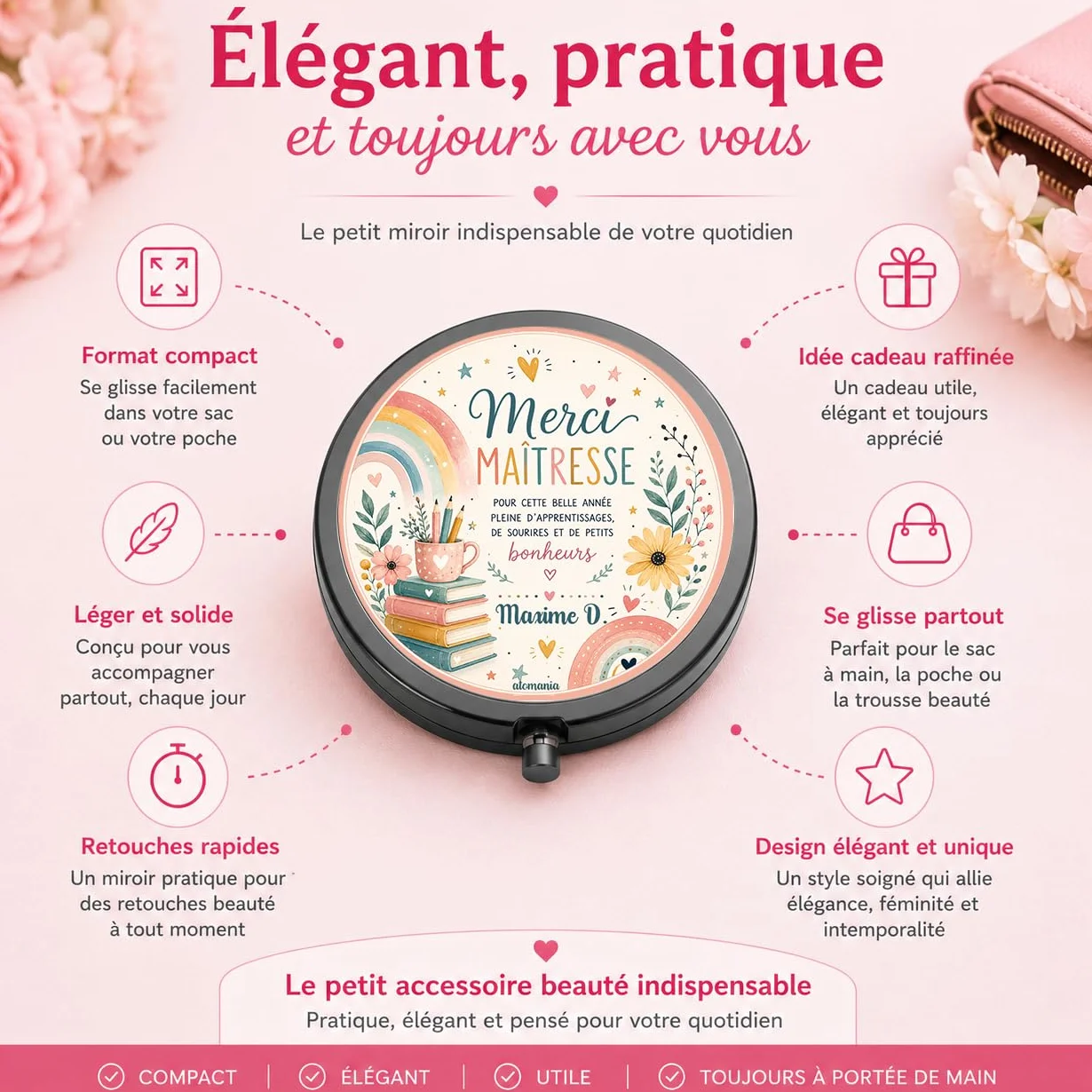 Miroir de Poche Personnalisé Merci Maîtresse – Cadeau Fin d'Année Scolaire – Miroir Compact Femme