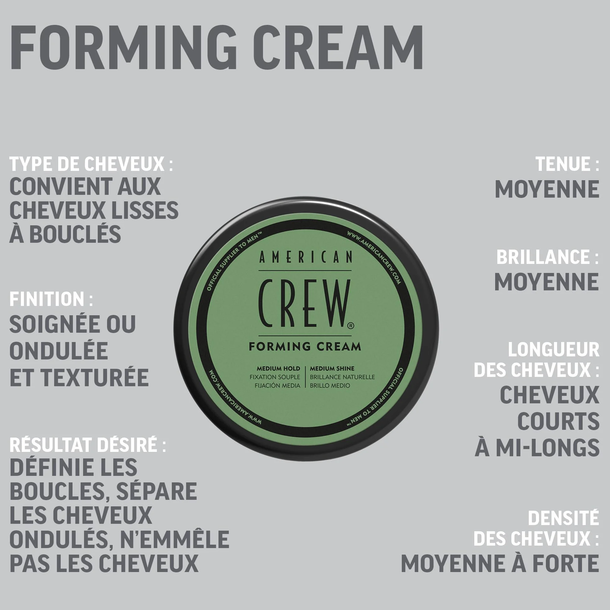 American Crew Forming Cream Cire Cheveux Homme Fixation Brillance Moyenne 85 g