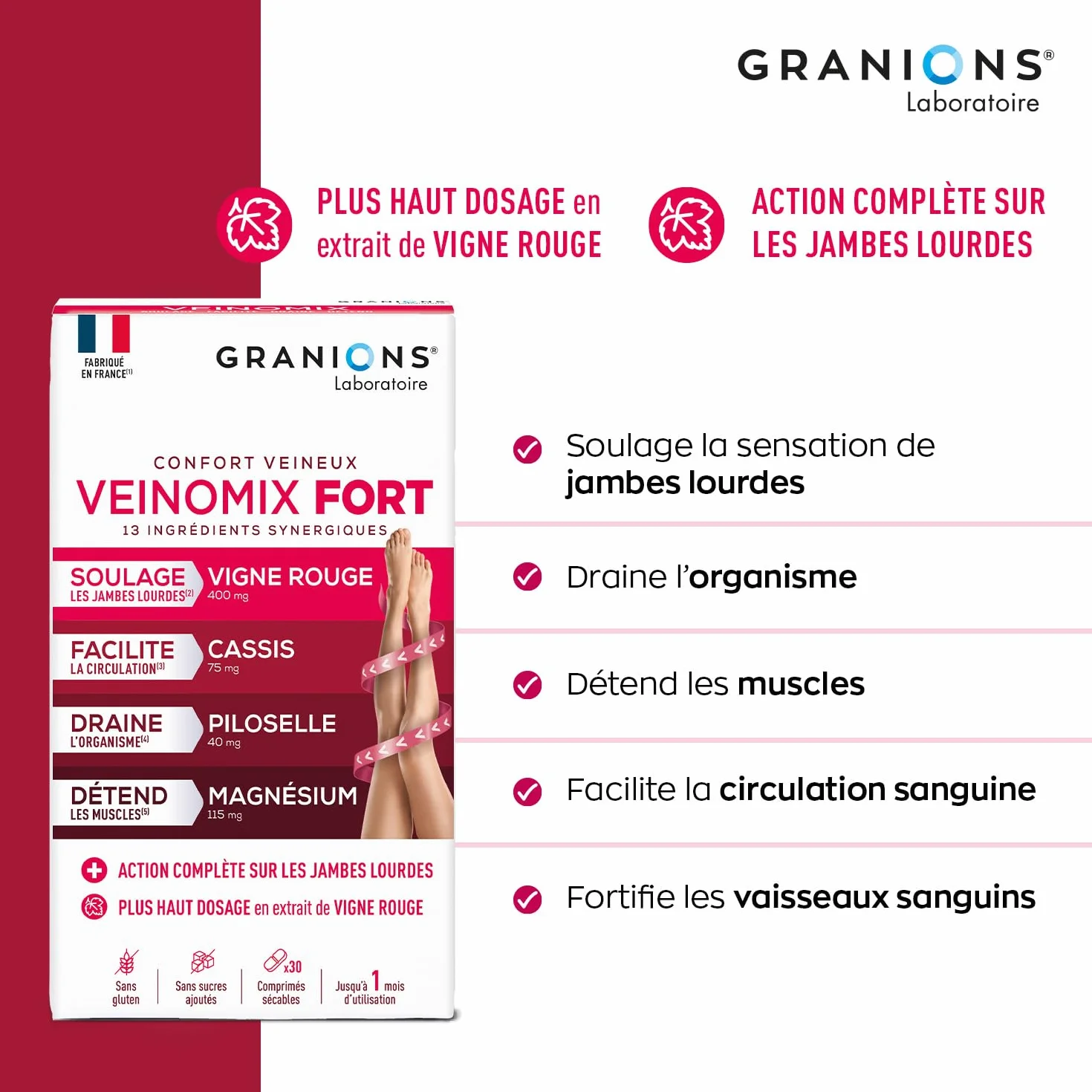 GRANIONS VEINOMIX FORT 30 comprimés Circulation Sanguine Jambes Lourdes Rétention d'Eau Vigne Rouge