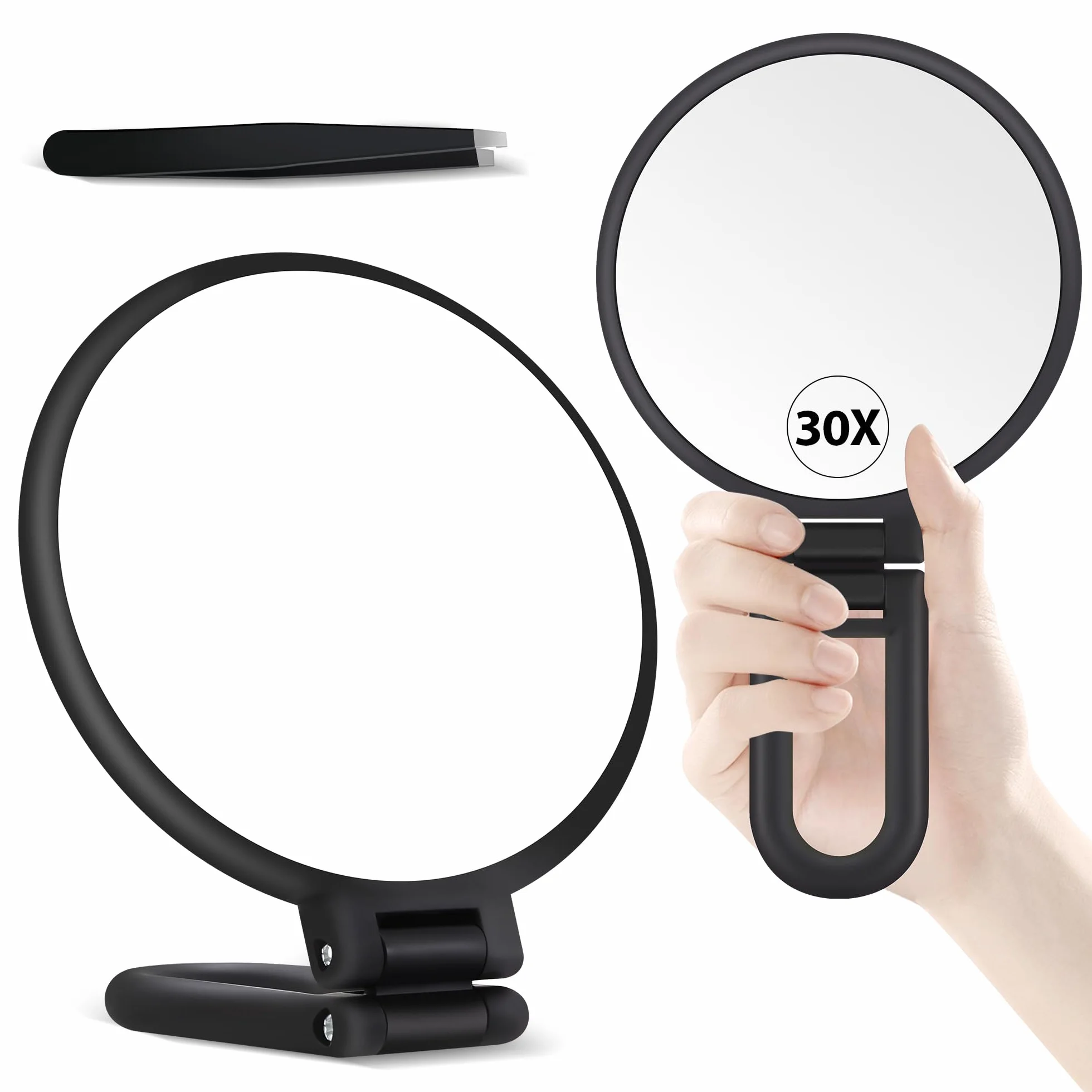 MIYADIVA Miroir grossissant 30X avec poignée - Miroir de Maquillage à Double Face (1X/30X), Pliable & Portable Noir Mat
