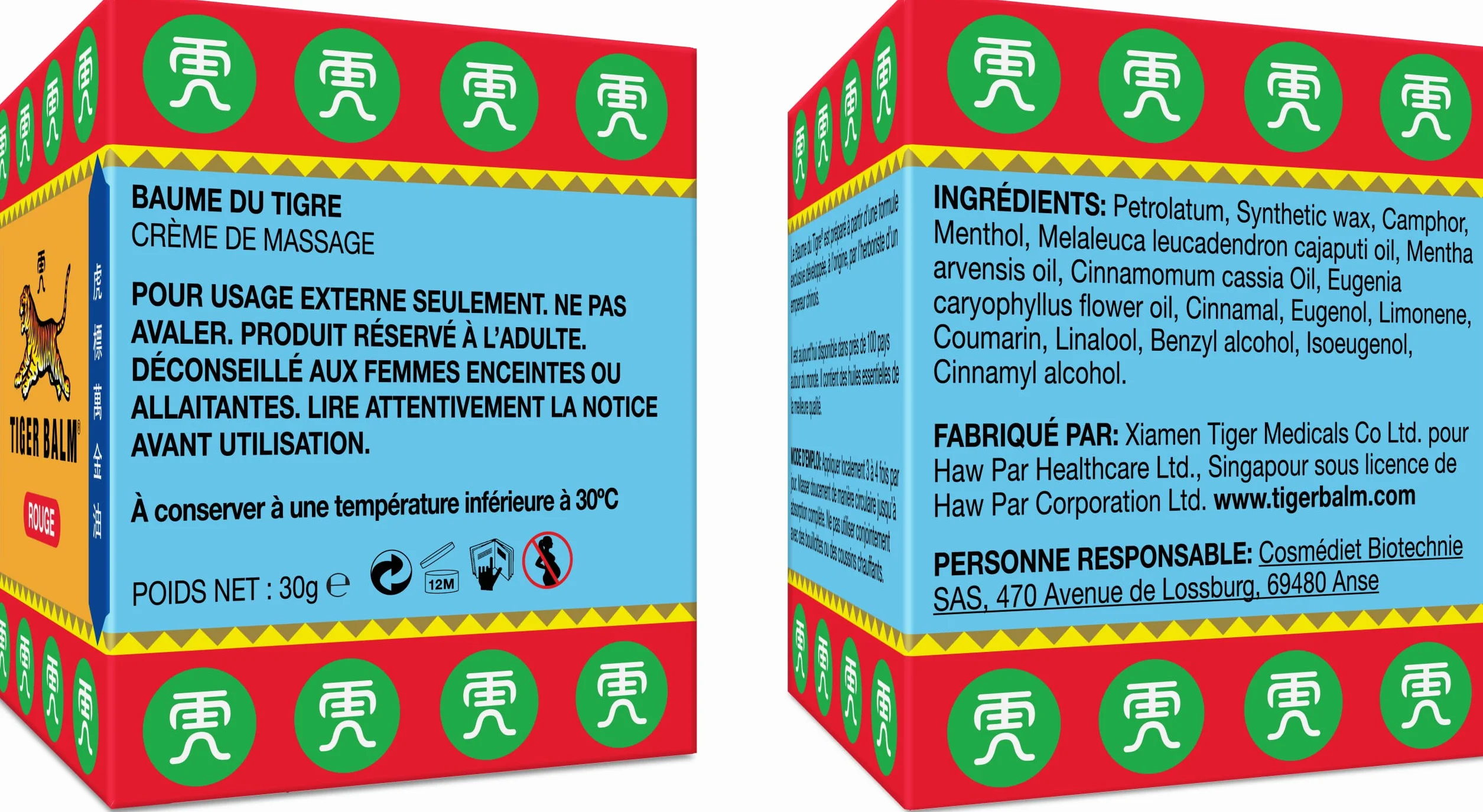 Tiger Balm Baume du Tigre Rouge Effet Chauffant Camphre Menthol 30 g