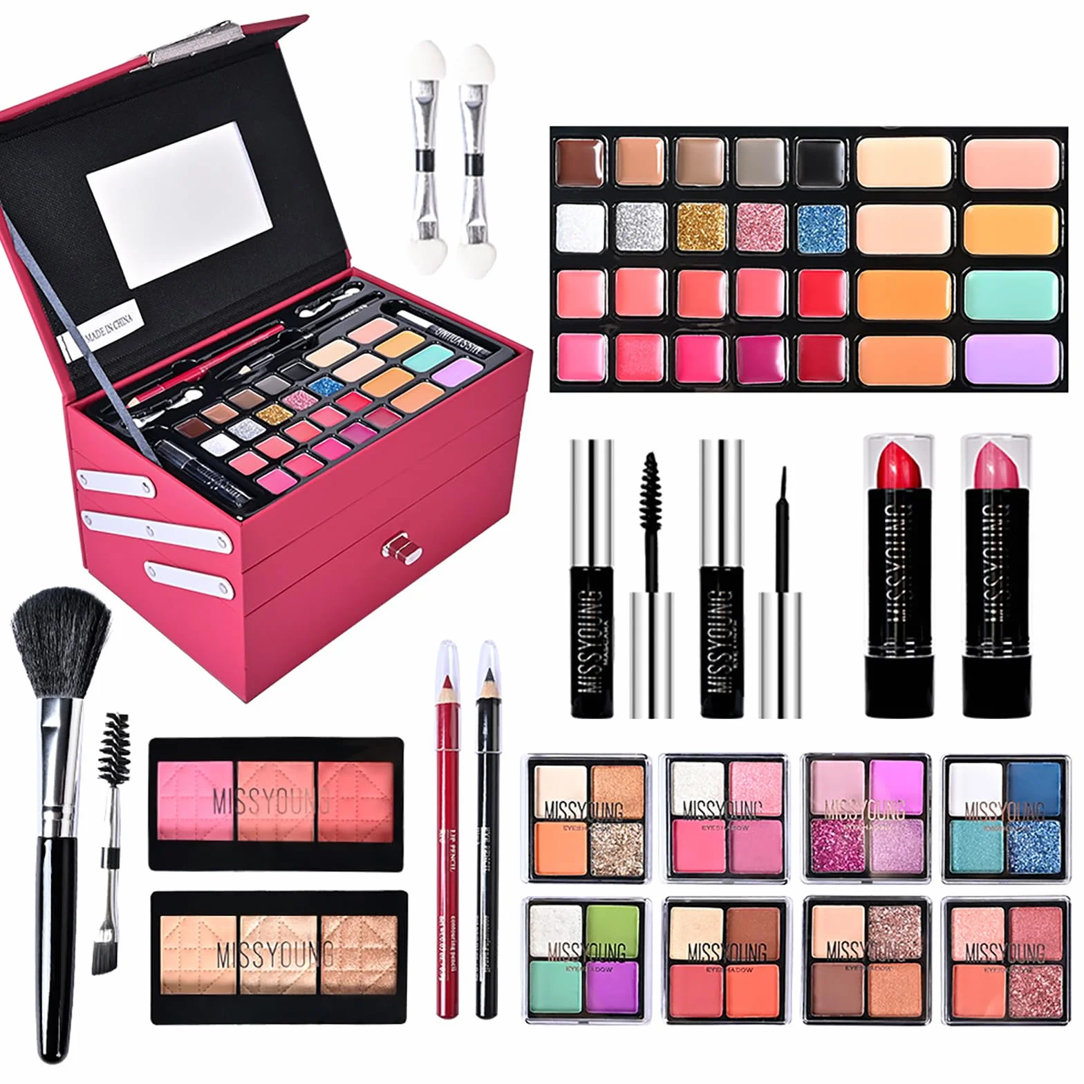 Coffret Maquillage Complet 45 Pièces - Palette Fards Ombre à Paupières, Anti-Cernes, Gloss et Accessoires avec Boîte de Rangement Rose