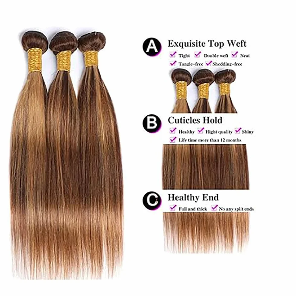 Human Hair Bundles Straight Tissage Naturel Cheveux Humain 100% Unprocessed Brésilienne Remy Virgin en lot Meches Weave Extensions Double Weft Color Highlight Blonde 18 20 22 Pouces
