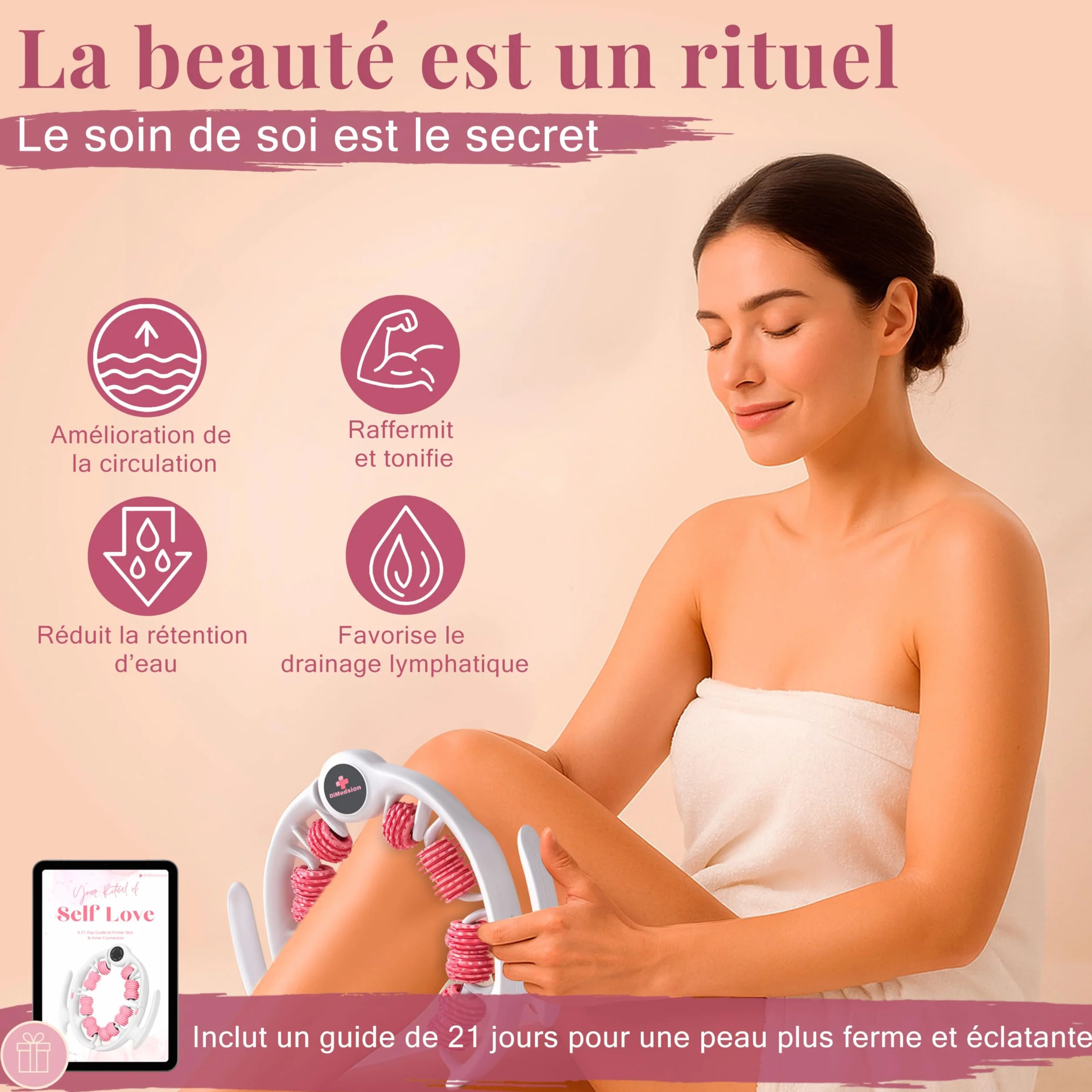 Masseur anti cellulite avec 14 roulettes pour drainage lymphatique des jambes, cuisses et fesses, rouleau de massage anticellulite pour stimuler la circulation et réduire l’aspect cellulite