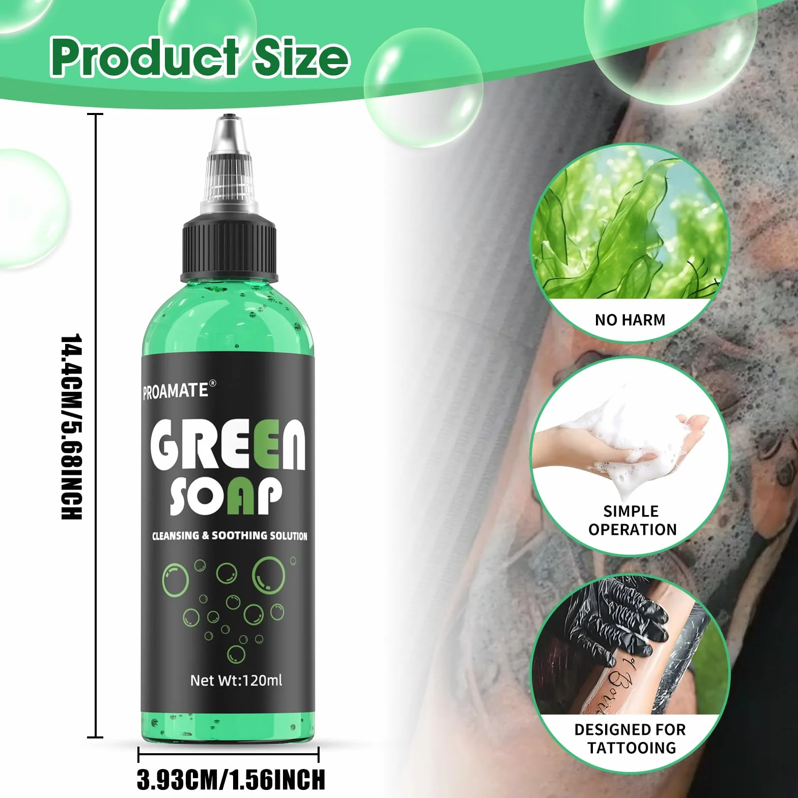 Proamate Savon de tatouage vert 120 ml avec bouteille en mousse fournitures de tatouage