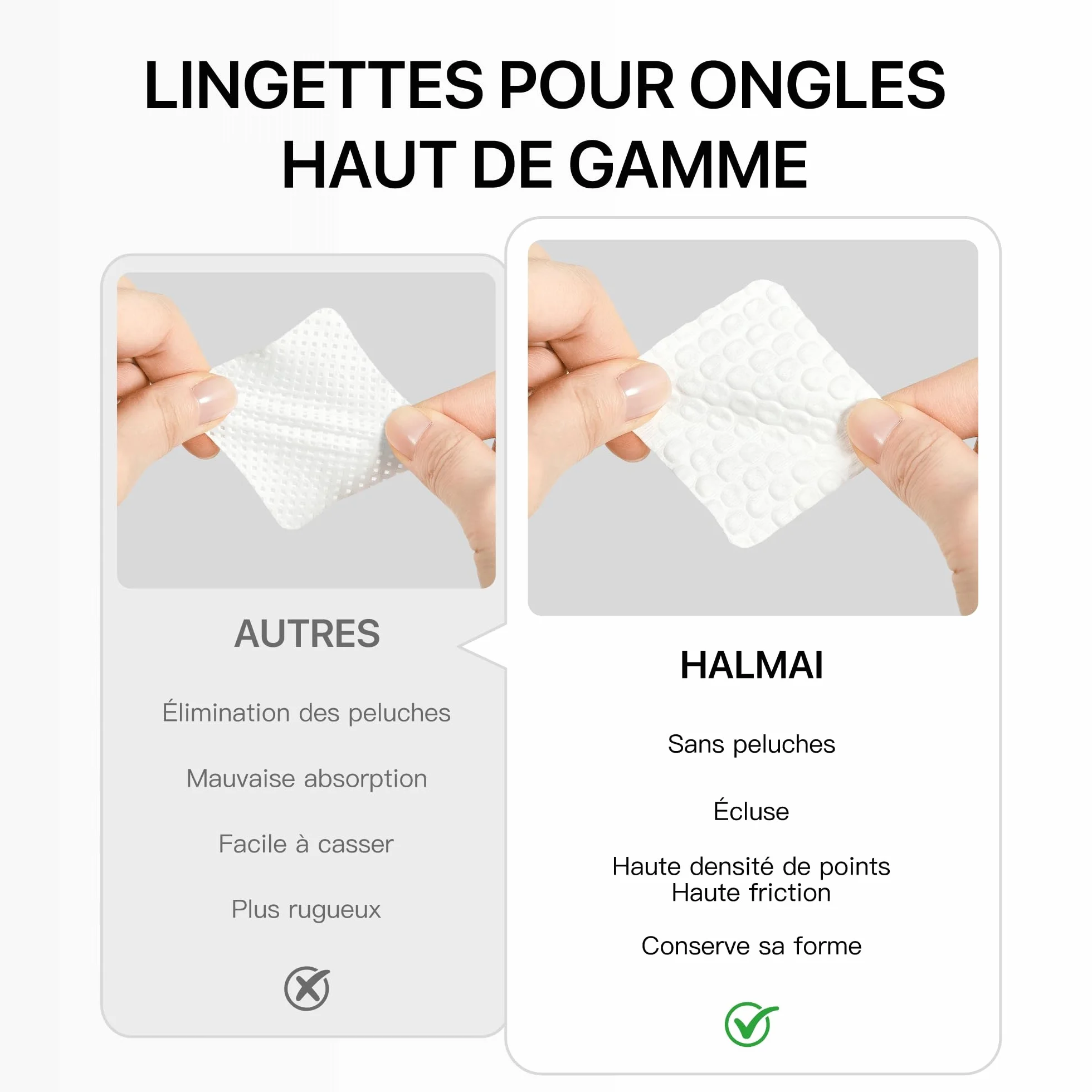 HALMAI Lingettes Ongles Sans Peluches Sans Acétone Compatibles Acétone Tampons Dissolvant Water-Lock Haute Absorption Retrait Ongles Gel Acrylique
