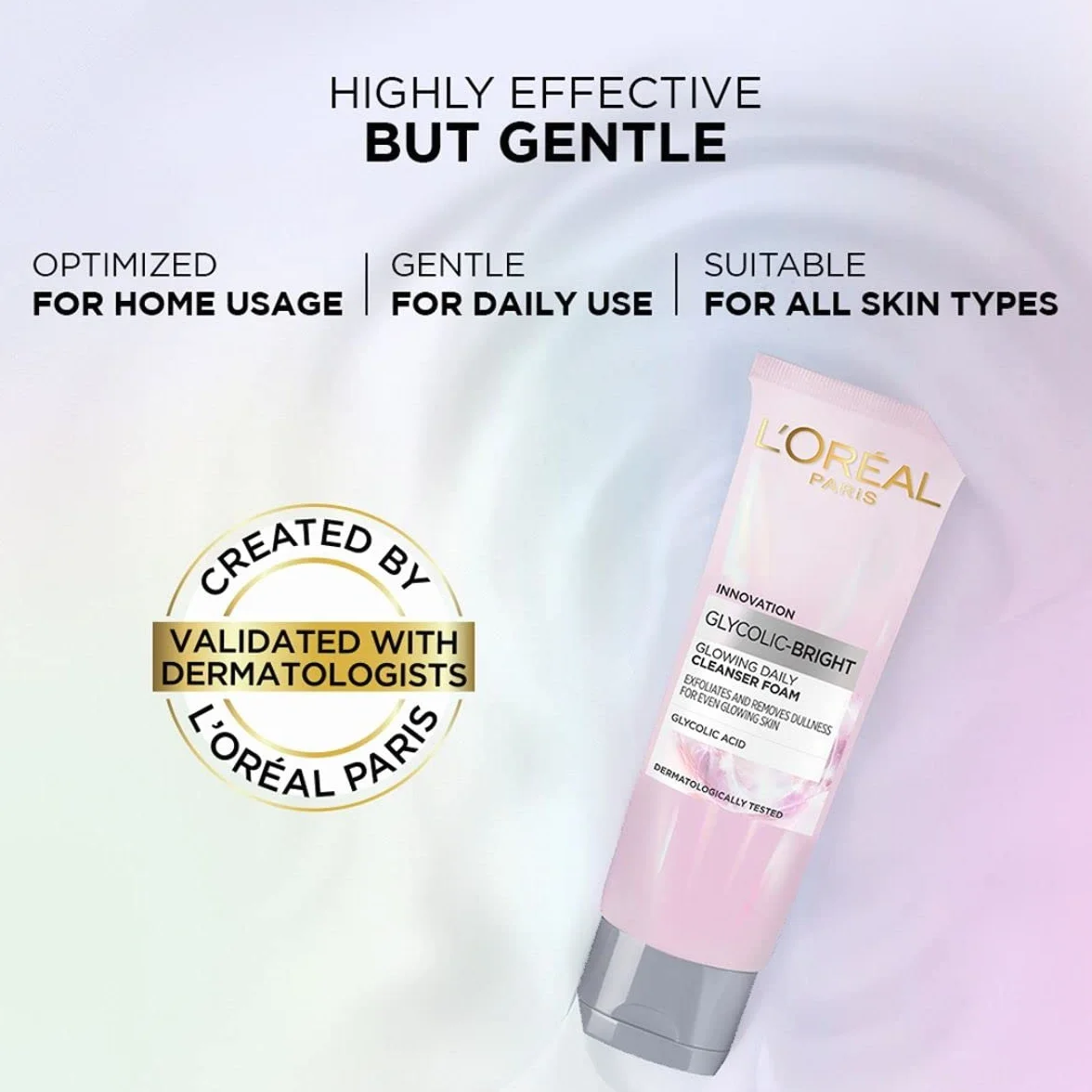 L'Oreal Paris Glycolic Bright Nettoyant moussant quotidien pour le visage, 100 ml | Nettoyant visage à l'acide glycolique pour peau terne | Nettoyant visage lumineux quotidien