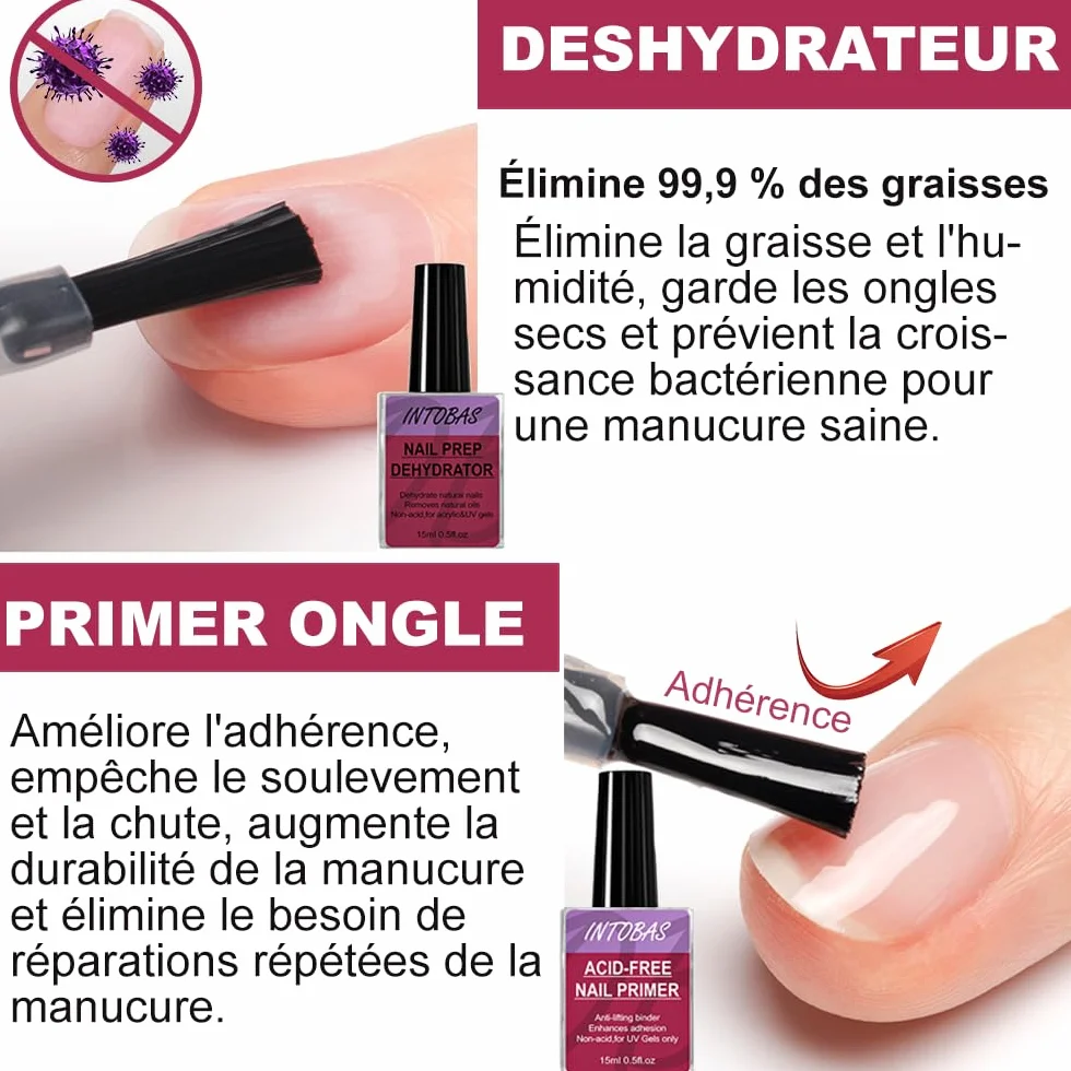 INTOBAS Primer Ongle Gel UV et Déshydrateur Ongle 15ml*2pcs - Nail Prep Primer Vernis Semi Permanent Acrylique Gel Ongle Acid Free Kit Professionnel