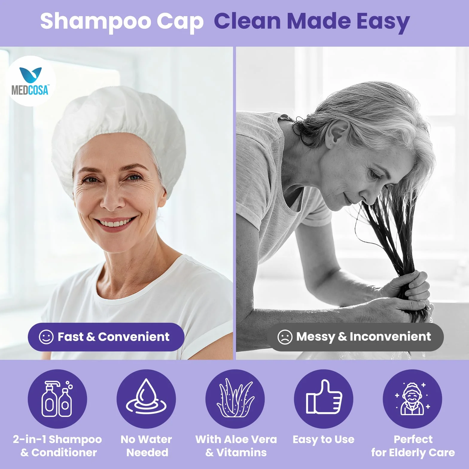 Medcosa Charlotte avec Shampoing Sans Rinçage - Lot 5 Paquets de Bonnet Shampooing Sec avec Aloe Vera Vitamine E et Camomille - Charlotte pour Lavage de Cheveux Sans Eau