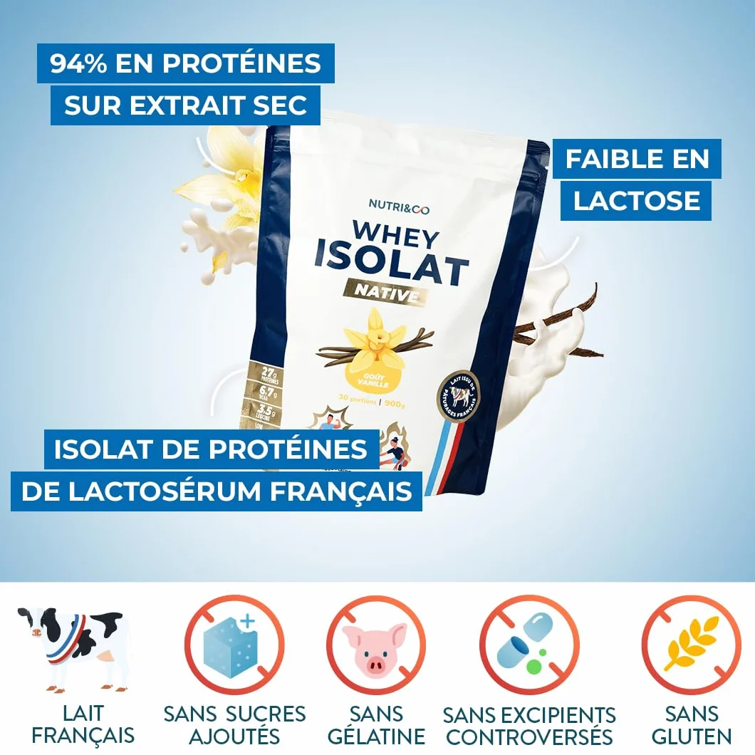 NUTRI & CO Whey Isolate Native 94% Protéines Pur Lait Français Low Lactose BCAA 900g Vanille