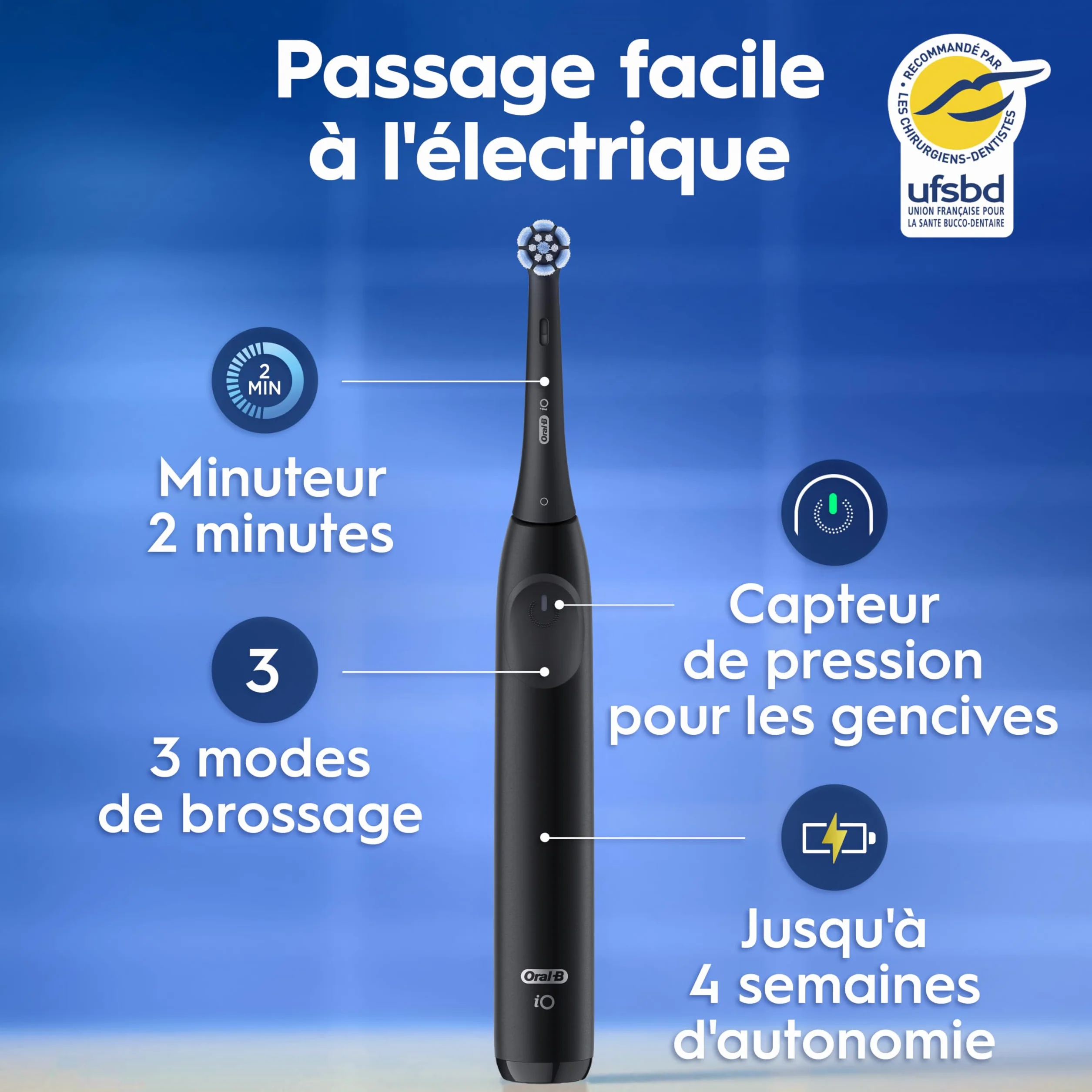 Oral-B Brosse à Dents Electrique iO 2 Noire – 3 Modes de Brossage, Capteur de Pression, Batterie Rechargeable