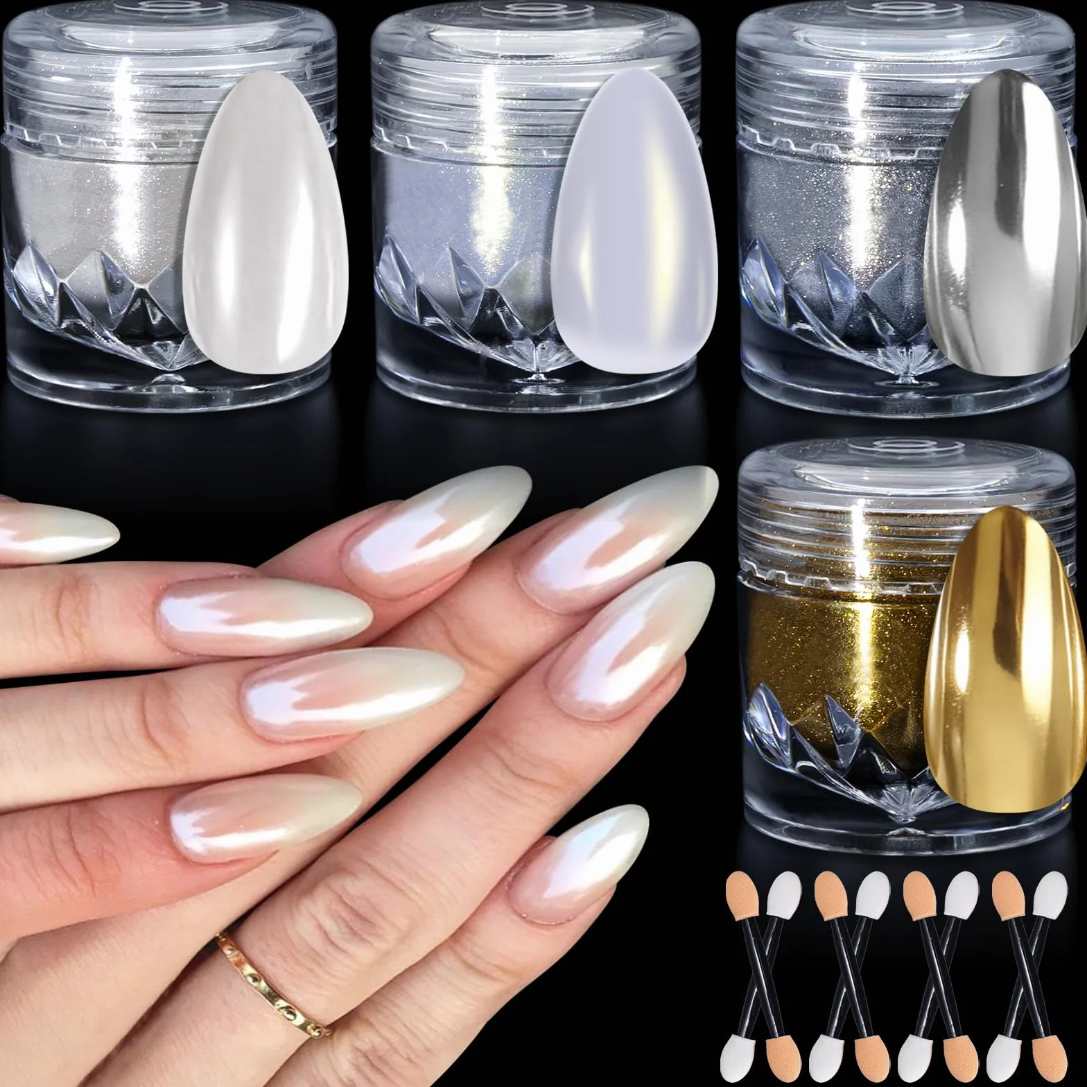 Blanc Perle Poudre Chrome Ongle - Poudres chromées effet miroir métallique or argent, poudres irisées Aurora Glitter DIY
