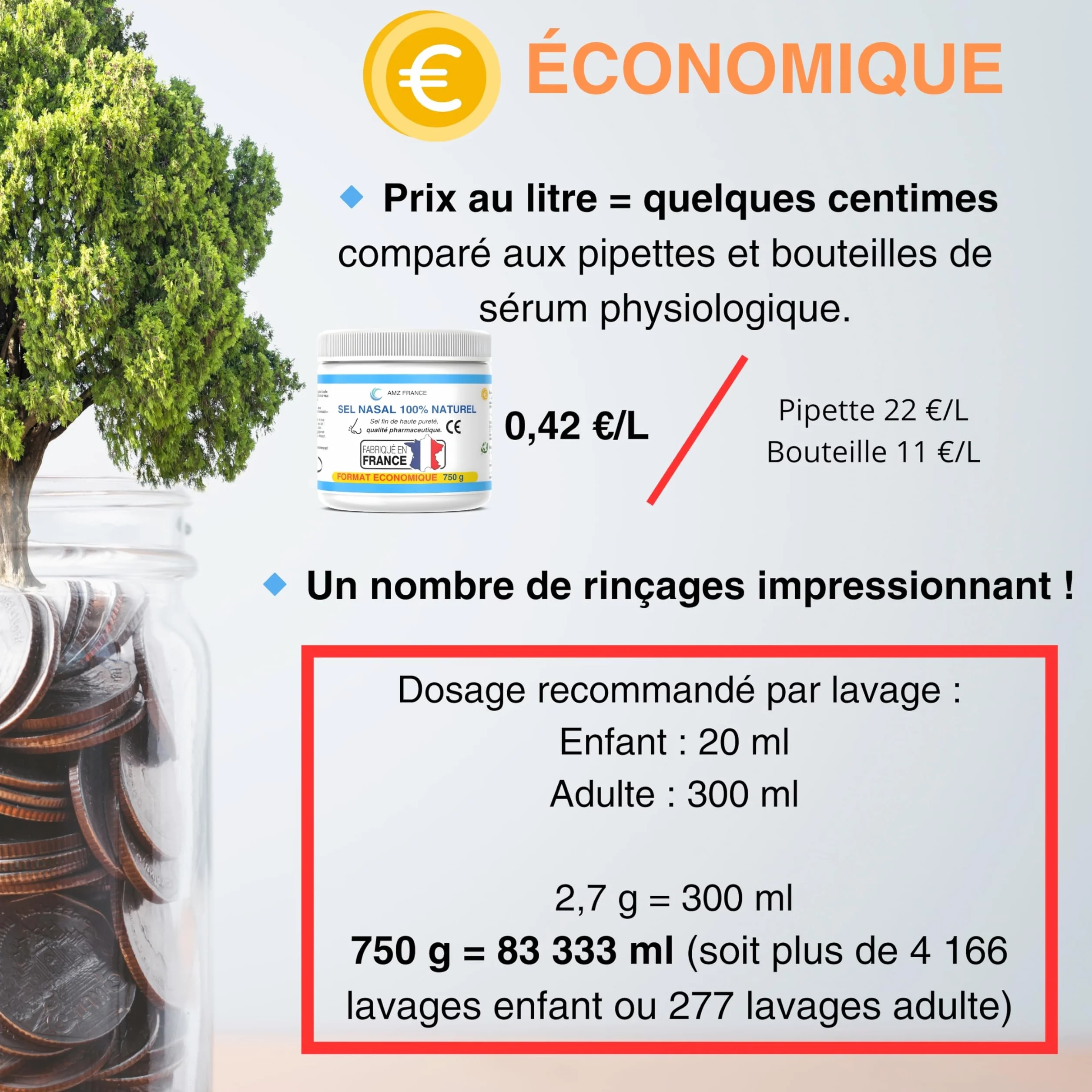 Sel Nasal 750g 100% Naturel Qualité Pharmaceutique Fabriqué en FRANCE 277 Lavages de Nez Boîte XXL Enfant Adulte
