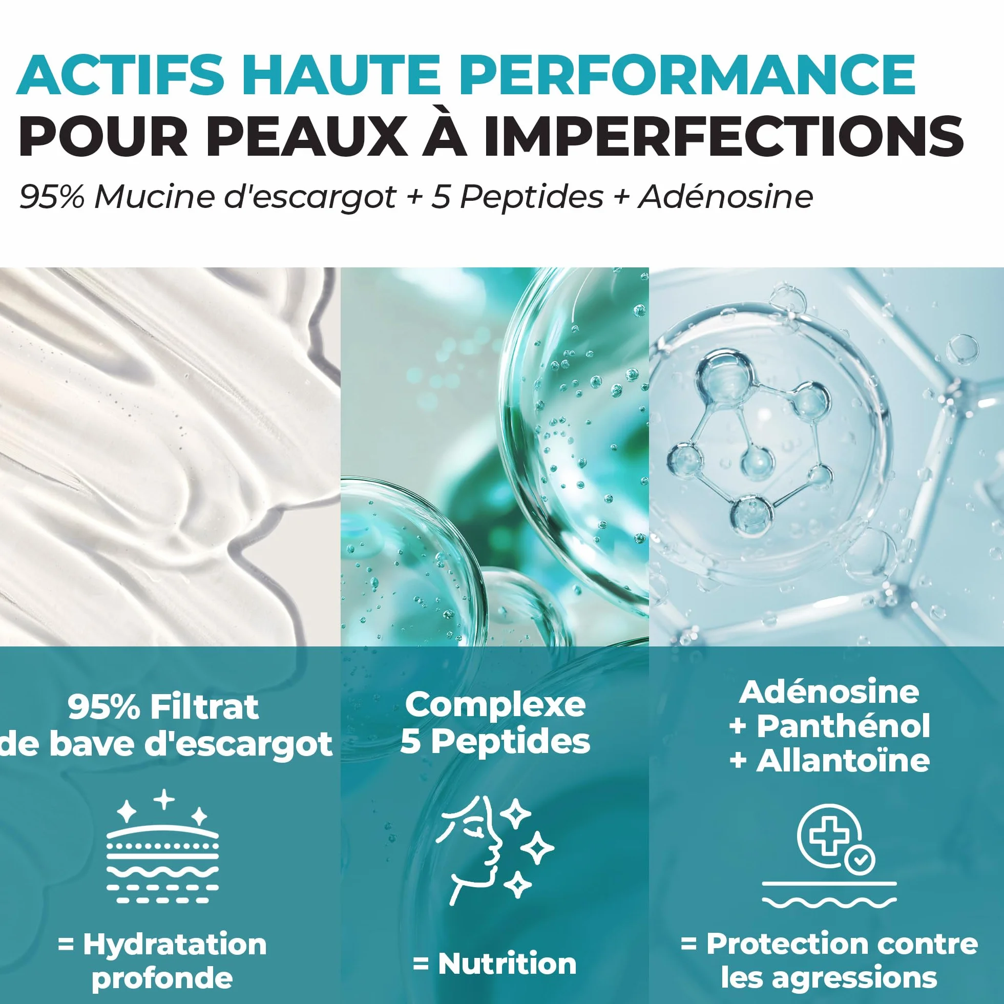 JUMISO Mucine d'escargot 95% + essence de peptide, sérum hydratant pour peaux sèches, hydratation quotidienne en profondeur