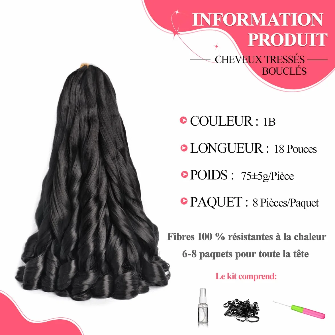 18 Inch French Curly Braiding Hair 8 Packs Natural Black Synthetic French Curl Crochet Hair for Black women(1B#, 18Inch (Pack of 8))