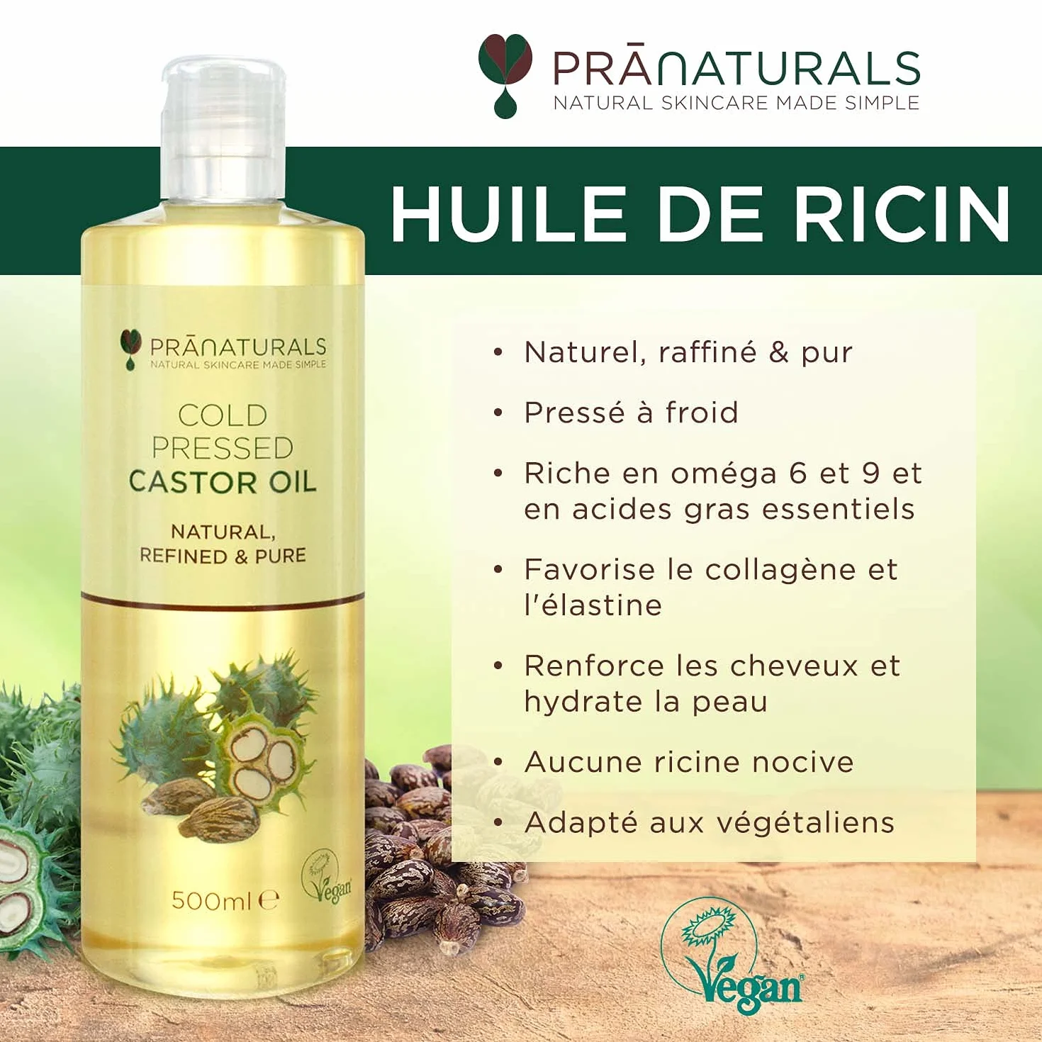 PraNaturals Huile de ricin pressée à froid 500 ml 100% naturel végétalien pure pour la croissance des cheveux et les cils