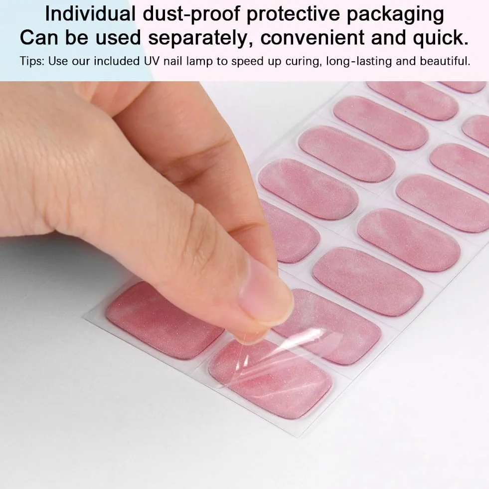 Autocollant Ongle Gel UV 20pcs, Vernis Autocollant UV, Film Ongles Autoadhésif avec Lampe UV Lime Bâton, Quartz Rose