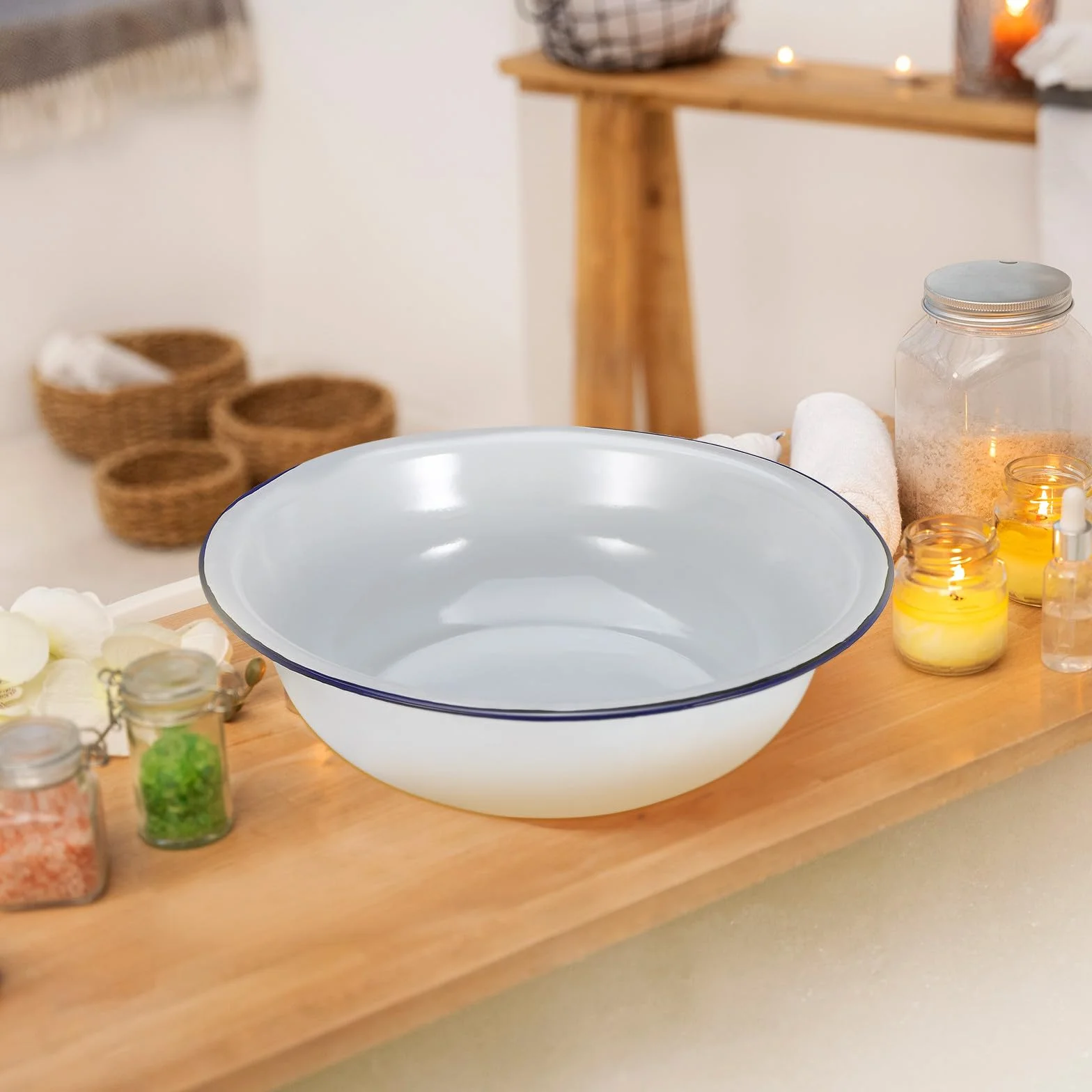 Bain de Pieds en Émail Rétro 30 Cm Bassin de Trempage Blanc Bord Bleu Multifonction pour Bain Pédicure et Lavage du Visage Pieds Solide et Facile à Nettoyer
