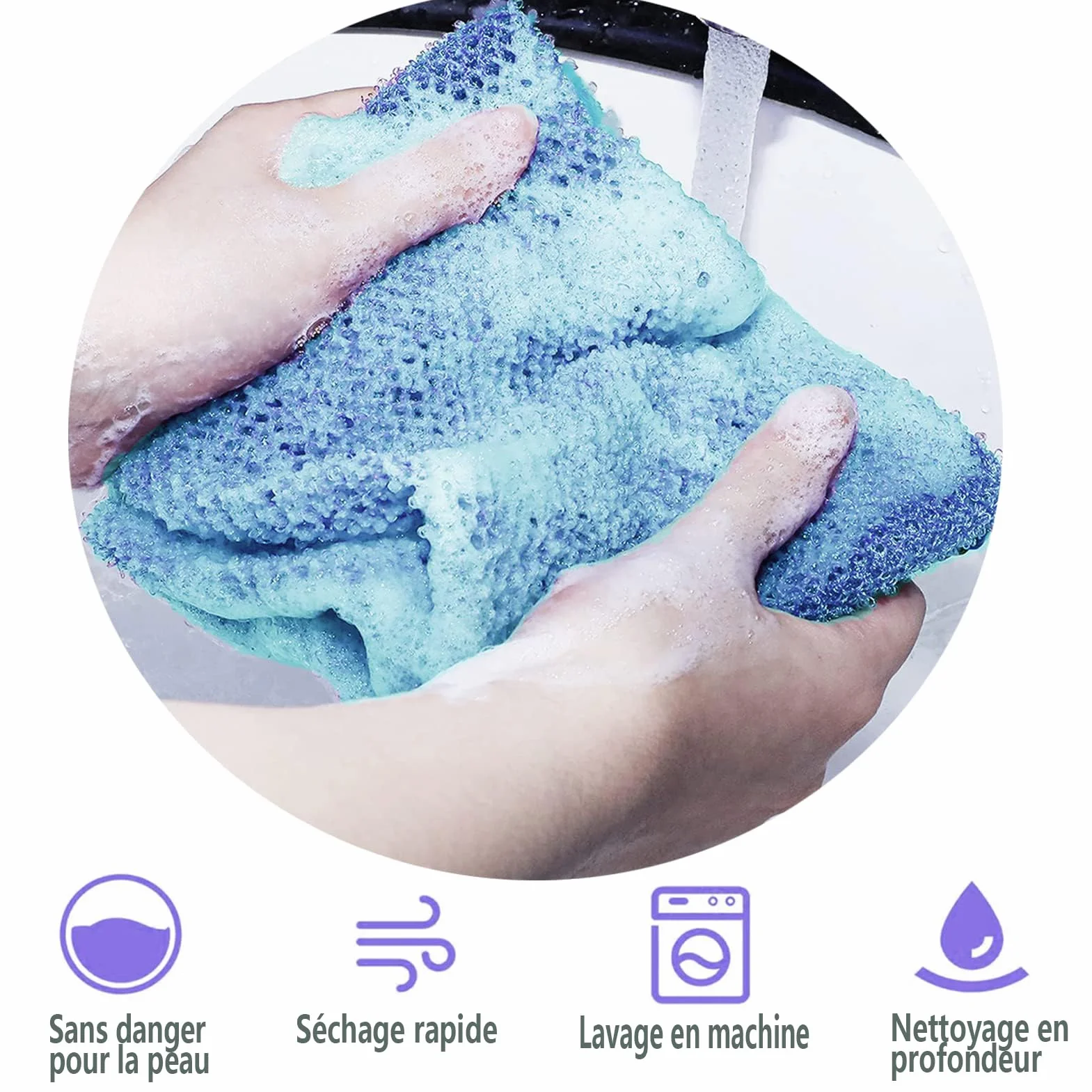 Filet de Bain éponge Exfoliante Gommage Corps 3 Pcs Doux Durable Bleu Violet Marron