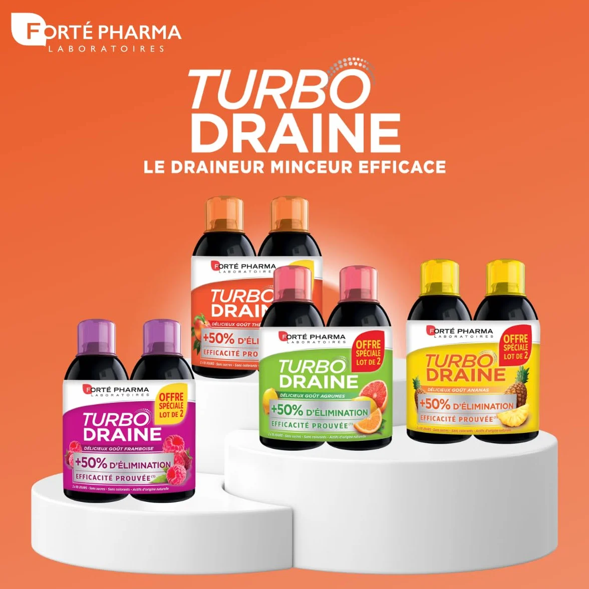 Forté Pharma Turbo Draine Peche Minceur perte de poids Thé vert Reine des prés Queue de cerise Drainage Brule graisse Lot 2x500 ml