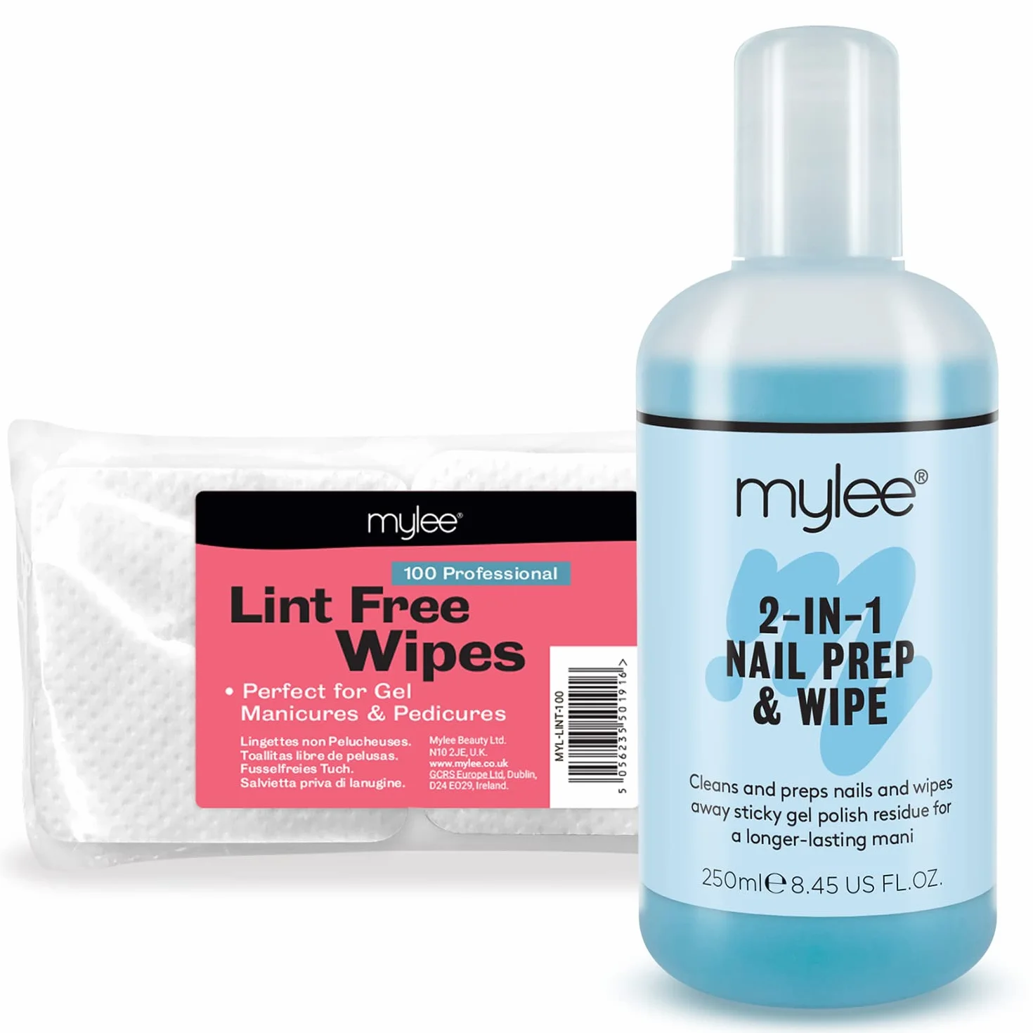Mylee Kit de Préparation & Nettoyage Ongles Gel 250 ml + 100 Lingettes Non Pelucheuses