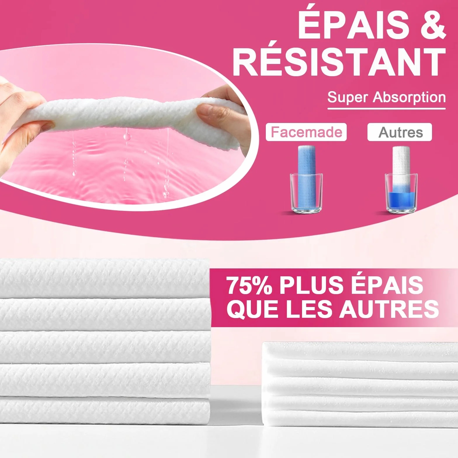 FACEMADE Serviettes Visage XXL 60 Unités 100% Biobasées Jetables Peaux Sensibles