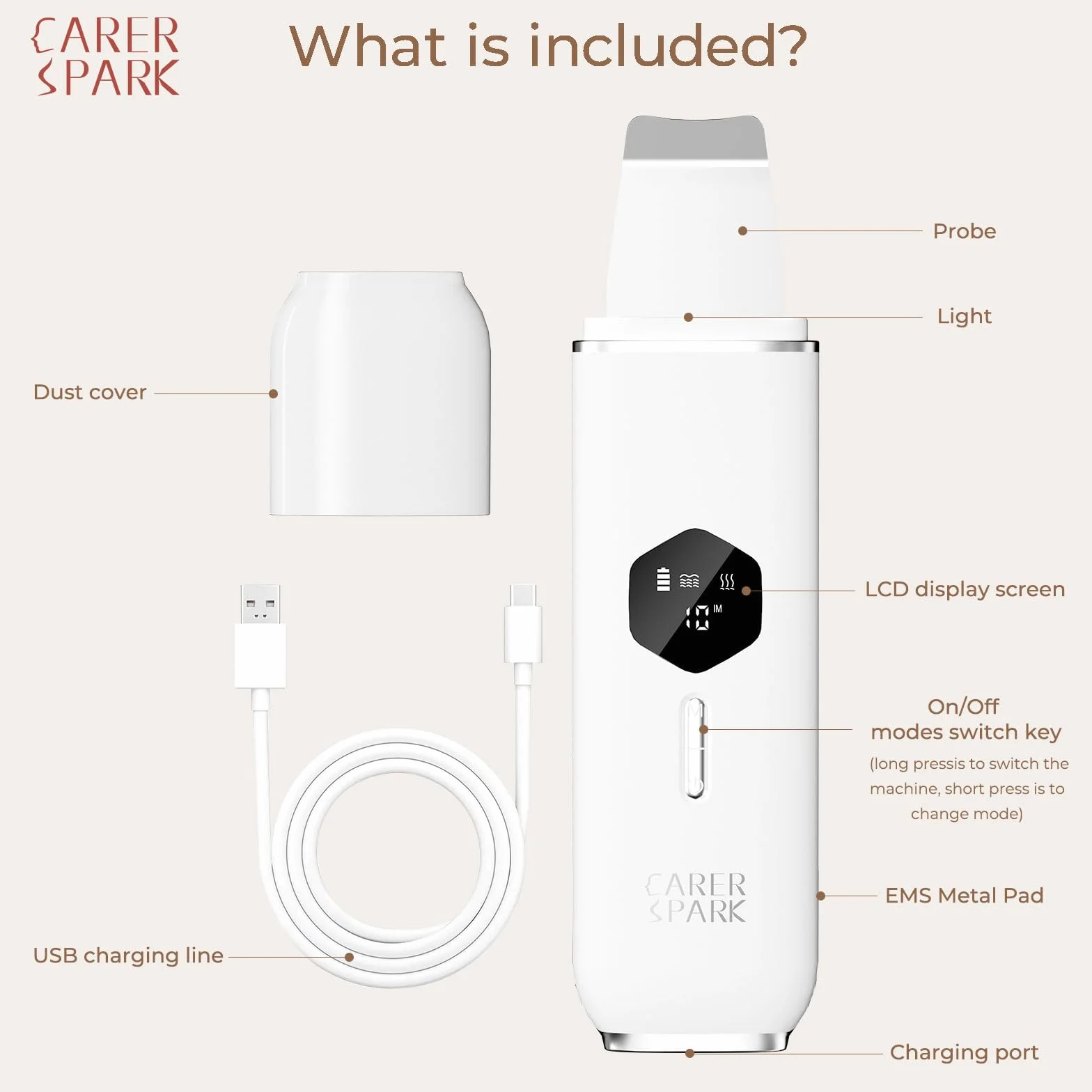 CARER SPARK Épurateur de Peau à Ultrasons,Nettoyeur de Peau Ultrasonique avec 4 Modes écran LED Appareil de Nettoyage Point Noirs Nettoyage en Profondeur Élimination des Points Noirs Exfoliation Douce