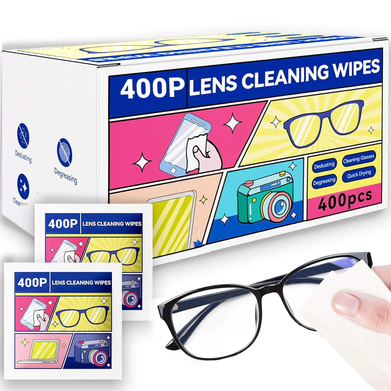 Lingettes nettoyantes pour lunettes lot de 400, emballées individuellement, pré-humidifiées pour lentilles, appareils photo, téléphones