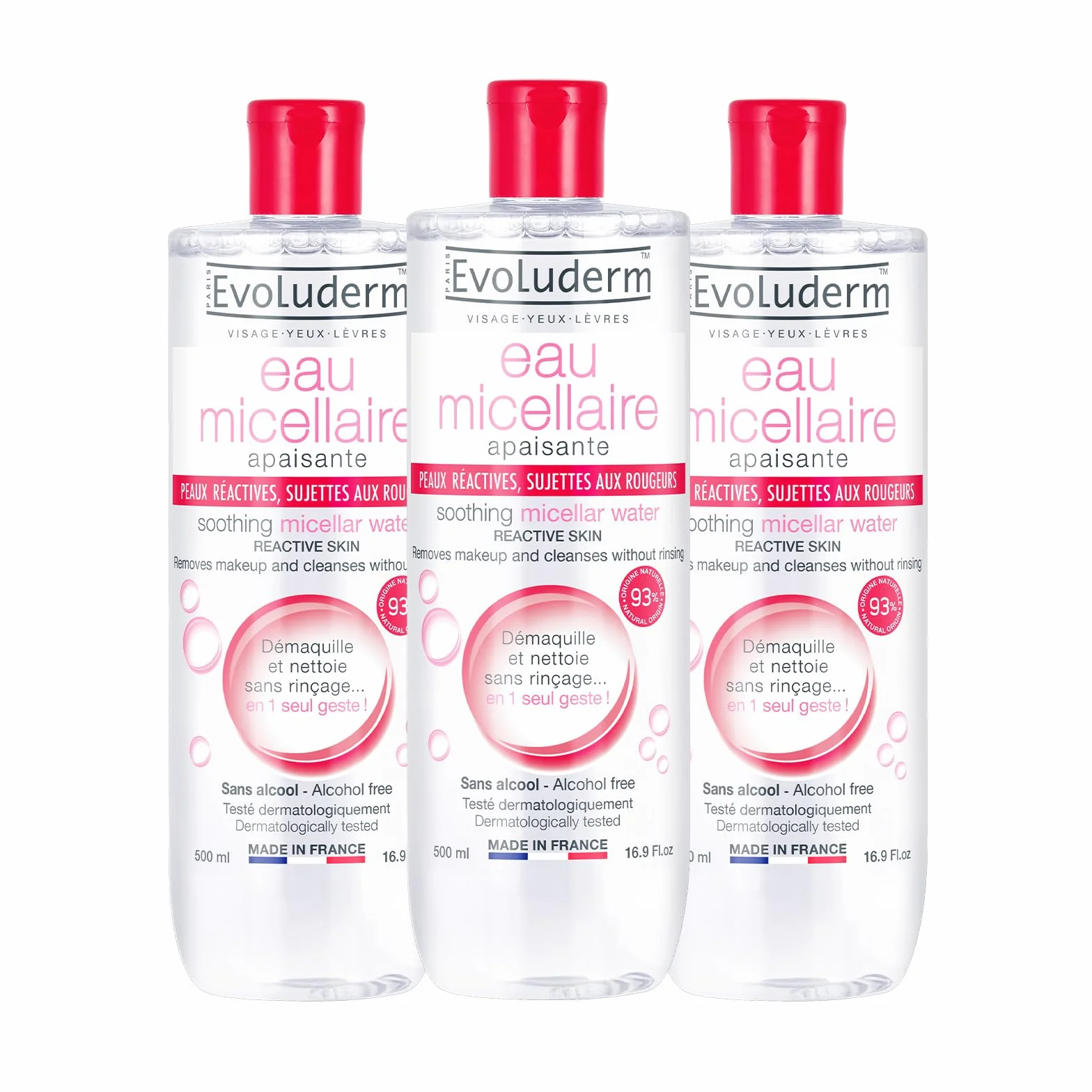 EVOLUDERM - Eau Micellaire Démaquillante Peaux Réactives, Sujettes Aux Rougeurs - 500 ml - 93% d'Origine Naturelle - Végan - Fabrication Française - Lot de 3 x 500 ml