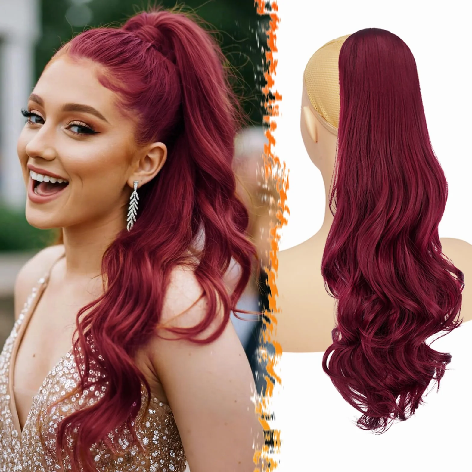 BARSDAR Bourgogne Rouge Ondulés Queue de Cheval Extension avec Cordon, 50cm Synthétique Peigne Clip in Queue de Cheval Extension Cheveux pour Femmes Aspect Naturel Bouclés Épais Postiche Ponytail